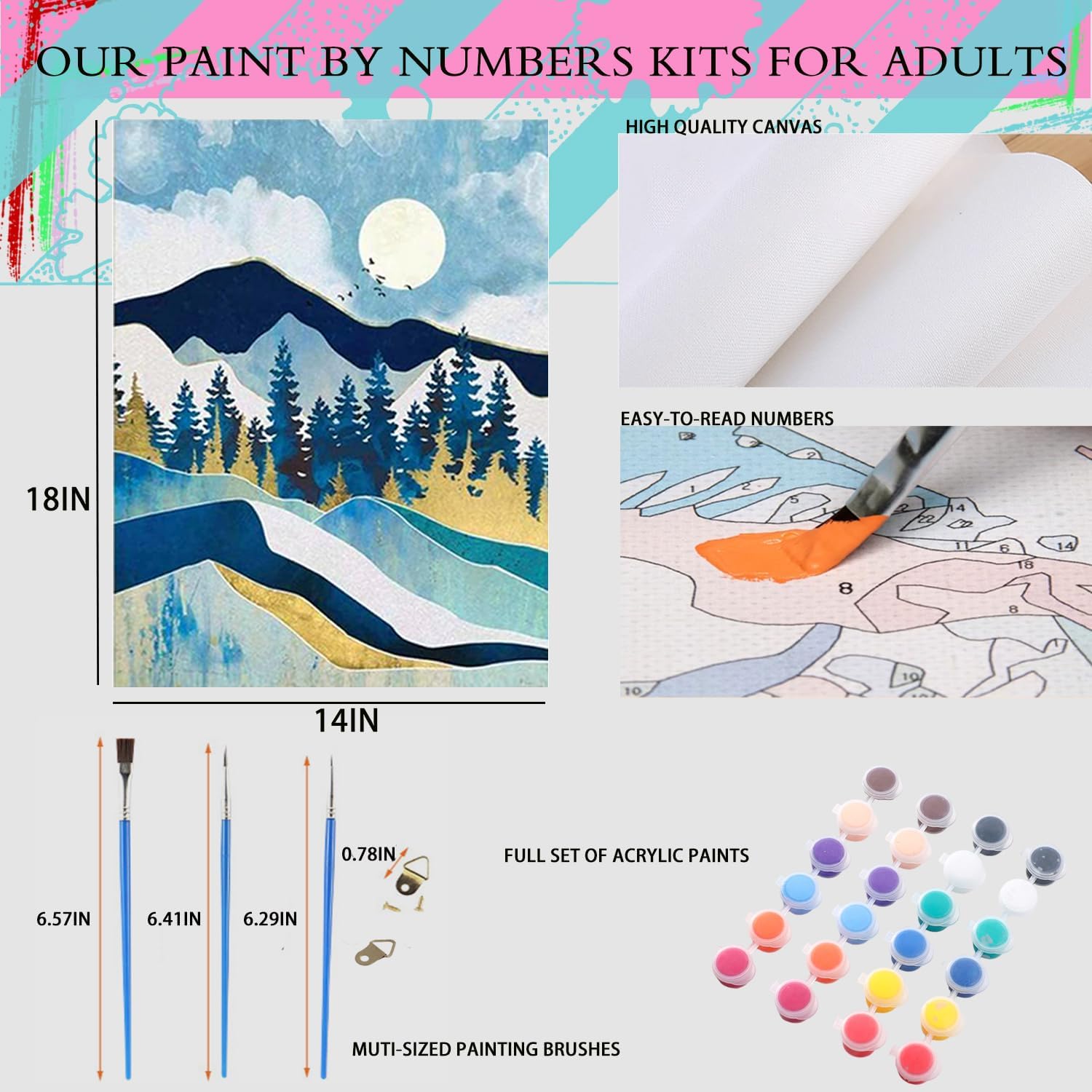 Paquete de 4 kits de pintura por números para adultos y niños, kits de pintura por números en lienzo, sin marco, pintura al óleo de color, pinturas