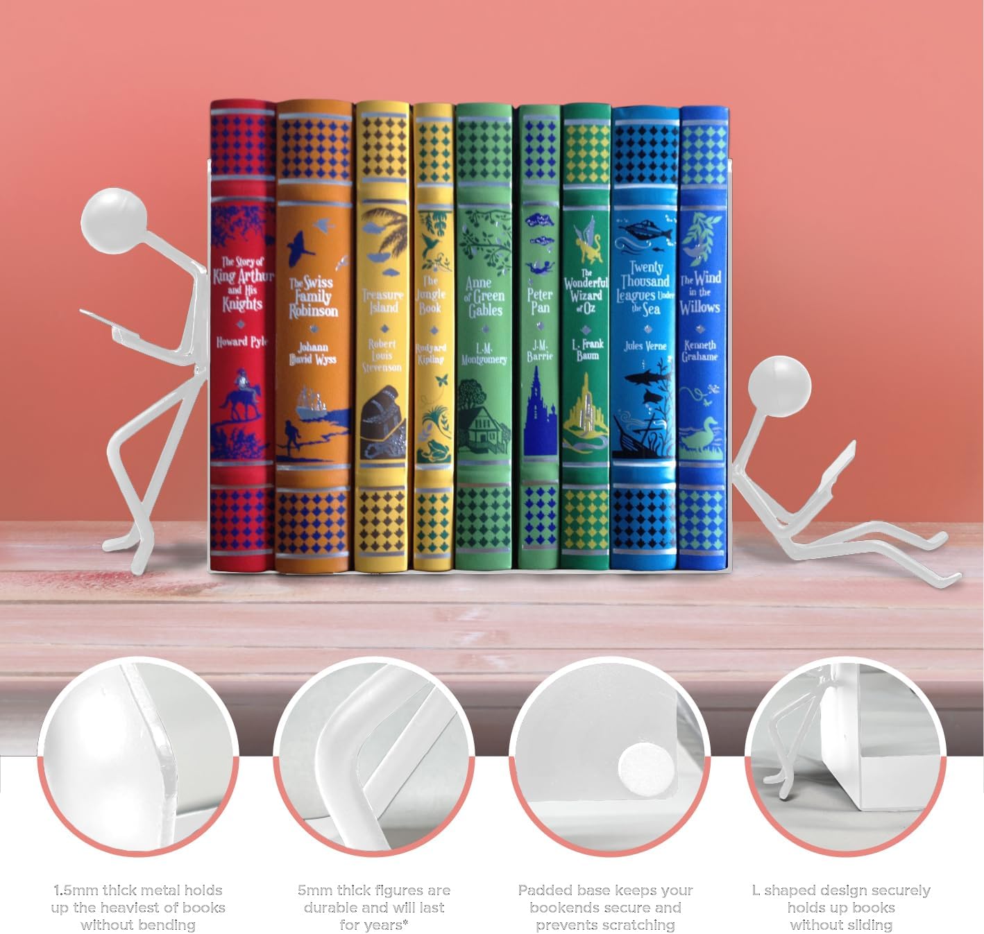 Sujetalibros de escritorio de oficina únicos de metal resistente para uso como decoración de estanterías, hogar, oficina o estantes de cocina. Tapón