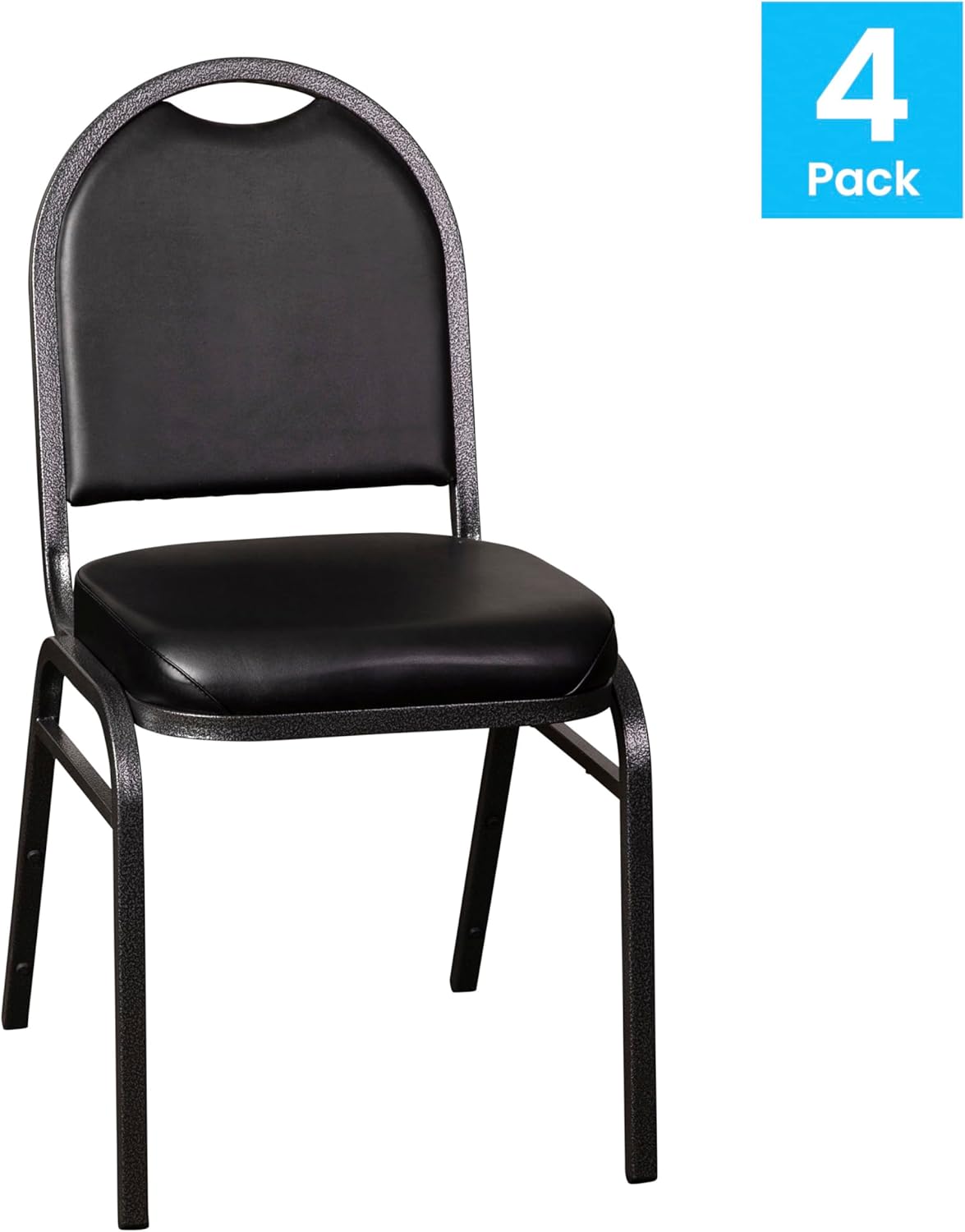 BizChair Hercules – Juego de 4 sillas apilables de grado comercial de 500 libras de capacidad, tapicería de vinilo negro, marcos de metal de vena