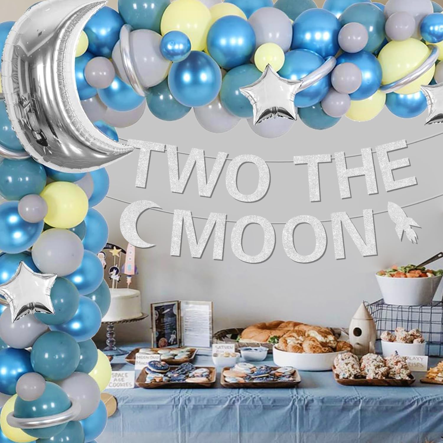 94 decoraciones de fiesta de segundo cumpleaños con temática espacial con dos carteles de la luna, globos de aluminio de luna plateada y estrellas,