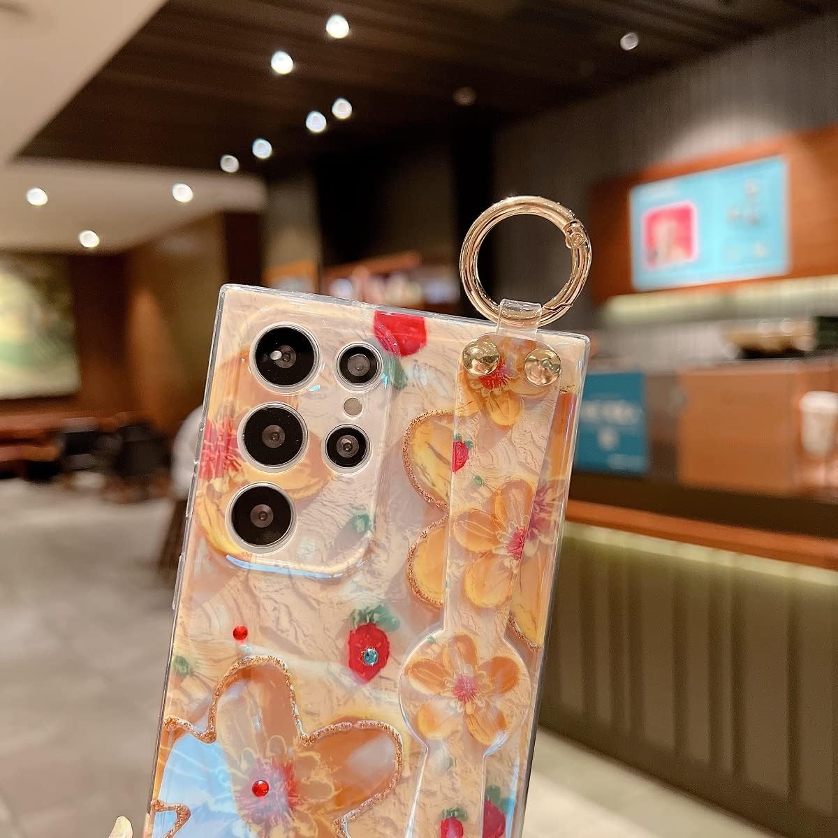 Funda para Samsung Galaxy S22 Ultra de 6.8 pulgadas, brillante con soporte de correa, diseño de patrón de flores de pintura al óleo de silicona a