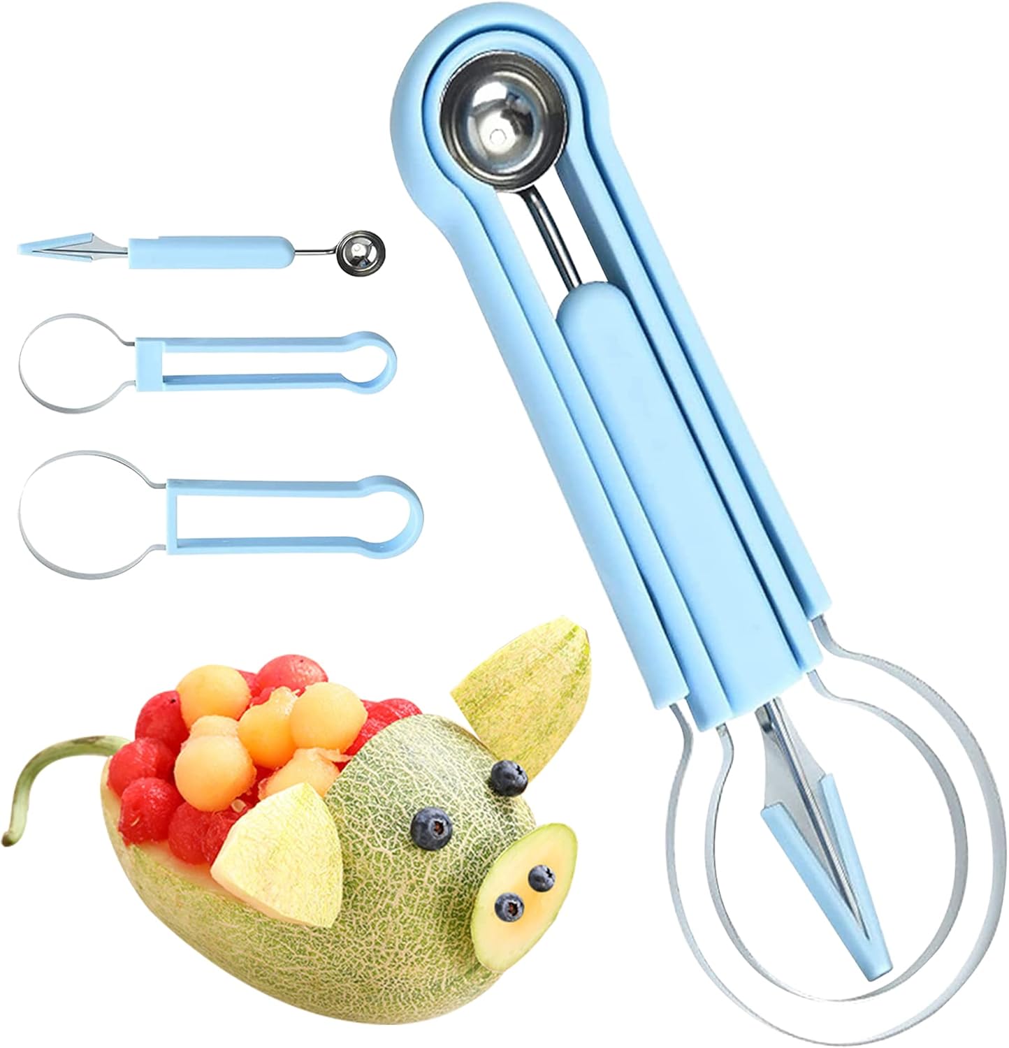 Esmartlife Juego de cucharas de melón, juego de cuchillos profesional de acero inoxidable 4 en 1, herramientas para tallar frutas, cuchara de frutas