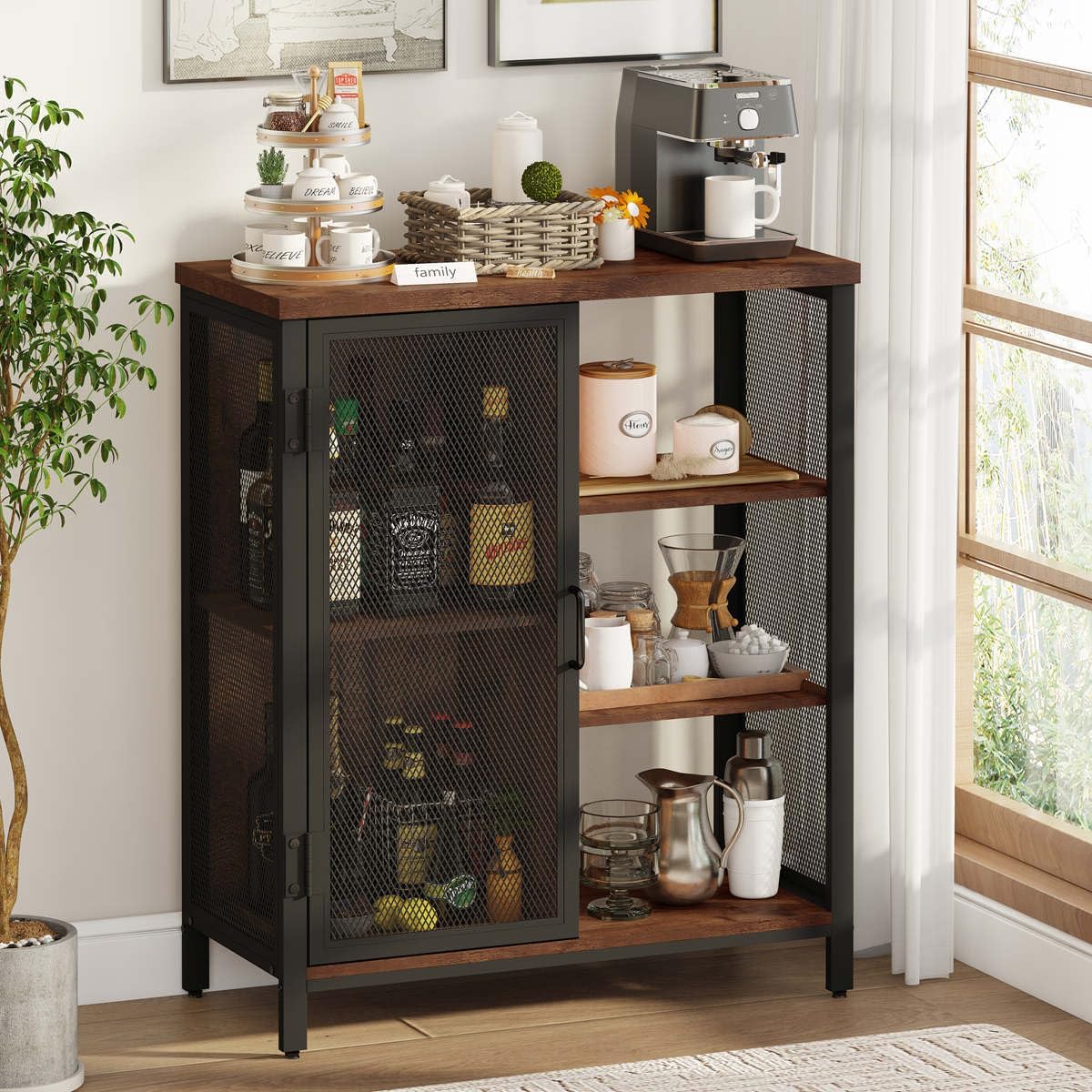 BON AUGURE Mueble de bar de café rústico para el hogar, mesa consola rústica detrás del sofá, juego de muebles de madera y metal para sala de estar