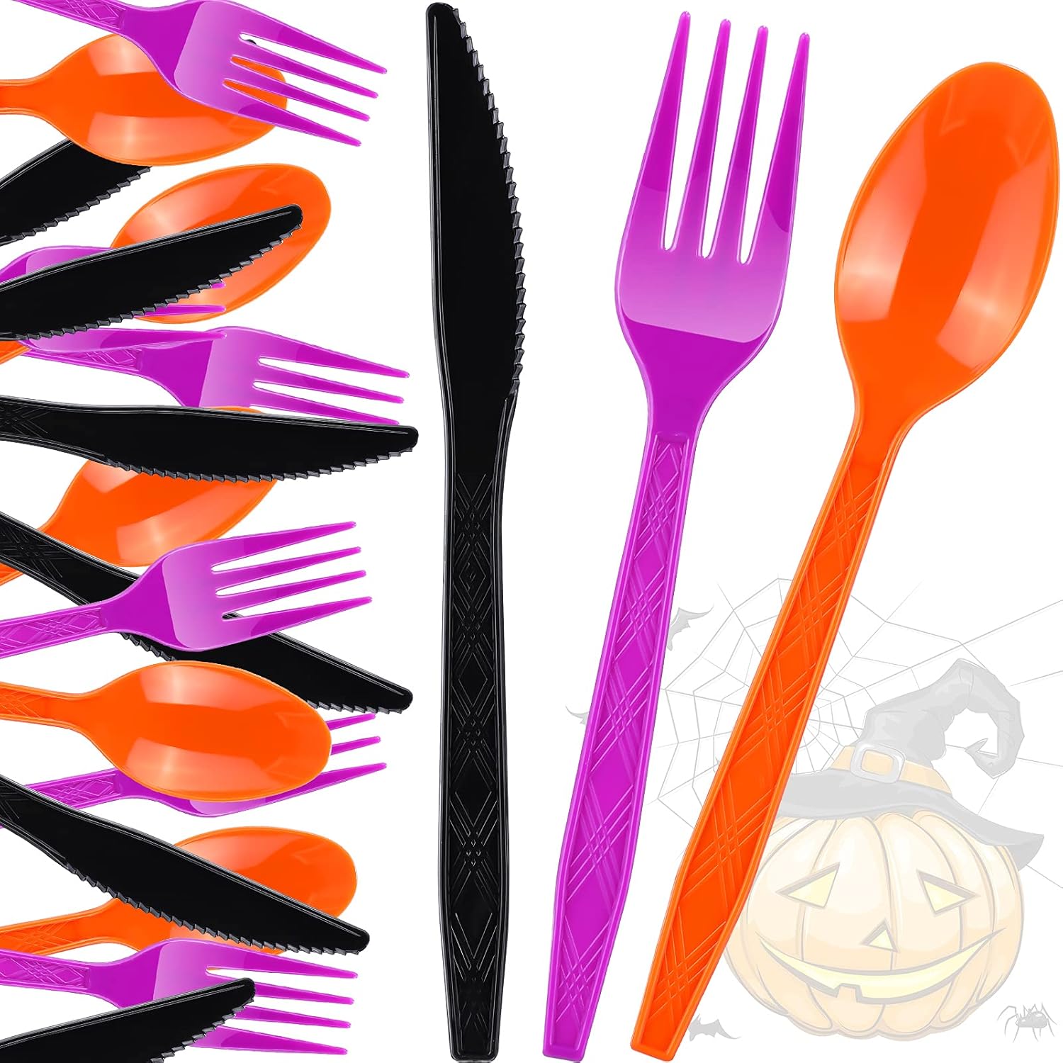 Juego de 60 cubiertos de plástico para Halloween, tenedores, cucharas, cuchillos, utensilios de colores negro, naranja, morado, vajilla desechable