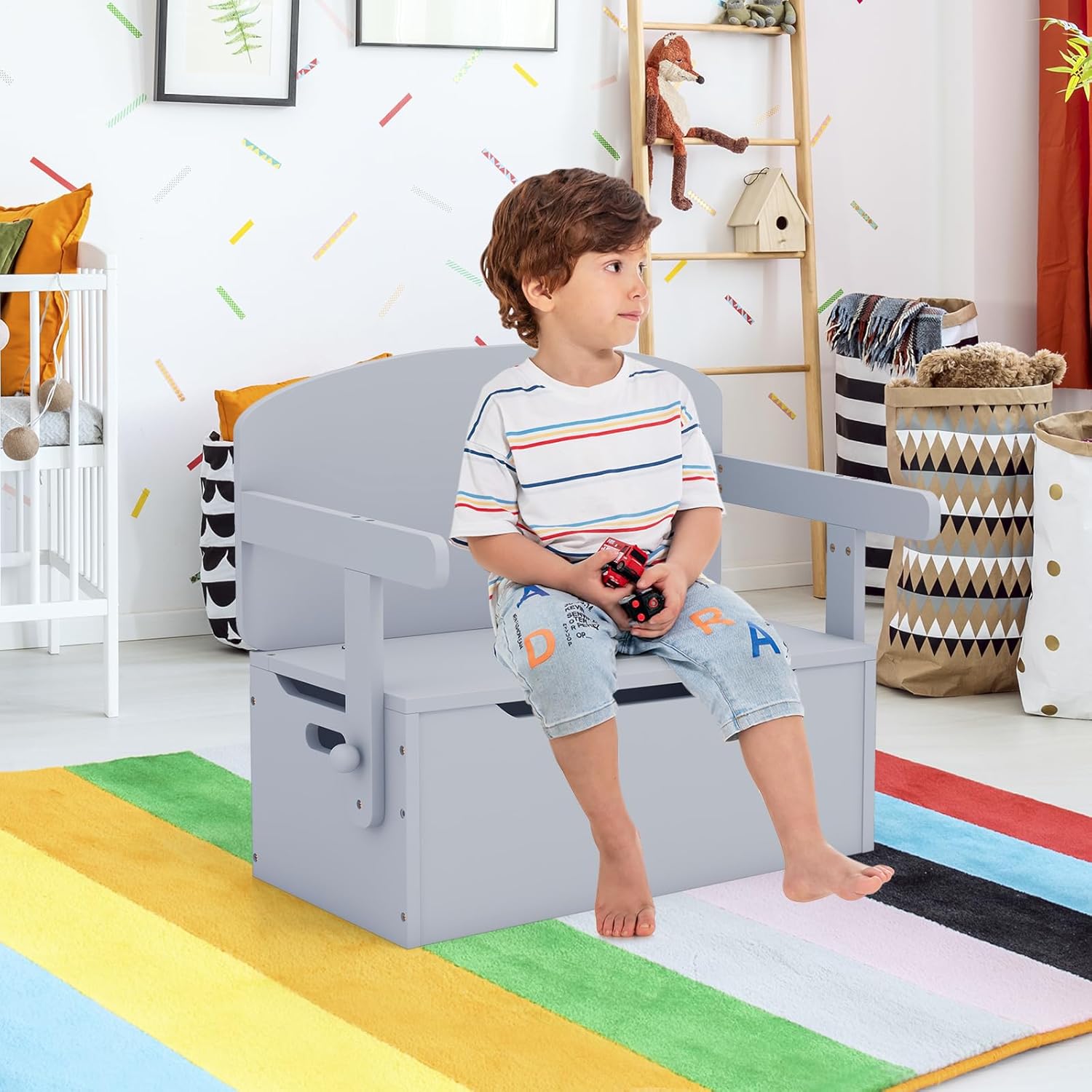Costzon Juego de mesa y silla para niños, banco de almacenamiento de juguetes convertible con asa integrada para jardín de infantes, preescolar,