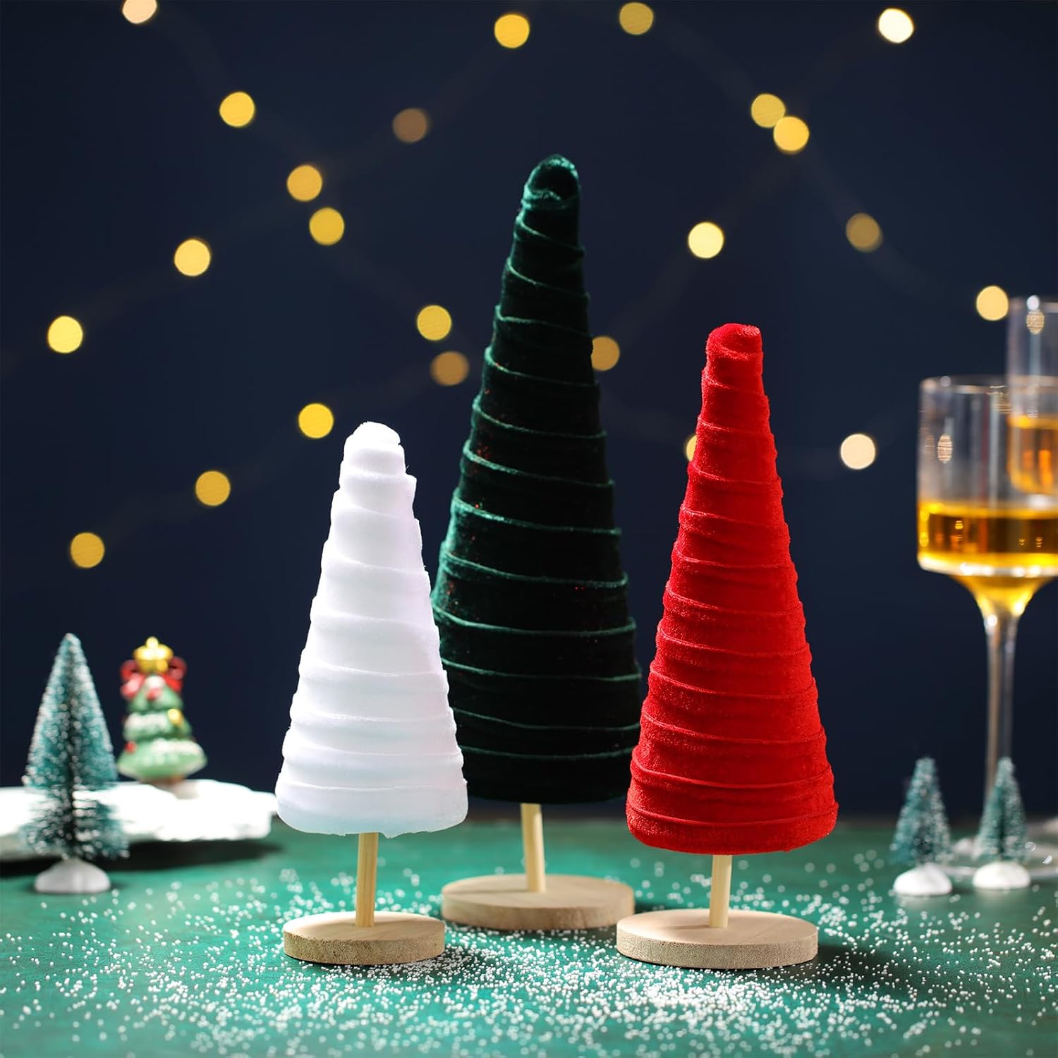 Juego de 3 árboles de terciopelo con pedestal de Navidad, decoración moderna para árbol de invierno, 3 tamaños, decoraciones de terciopelo de