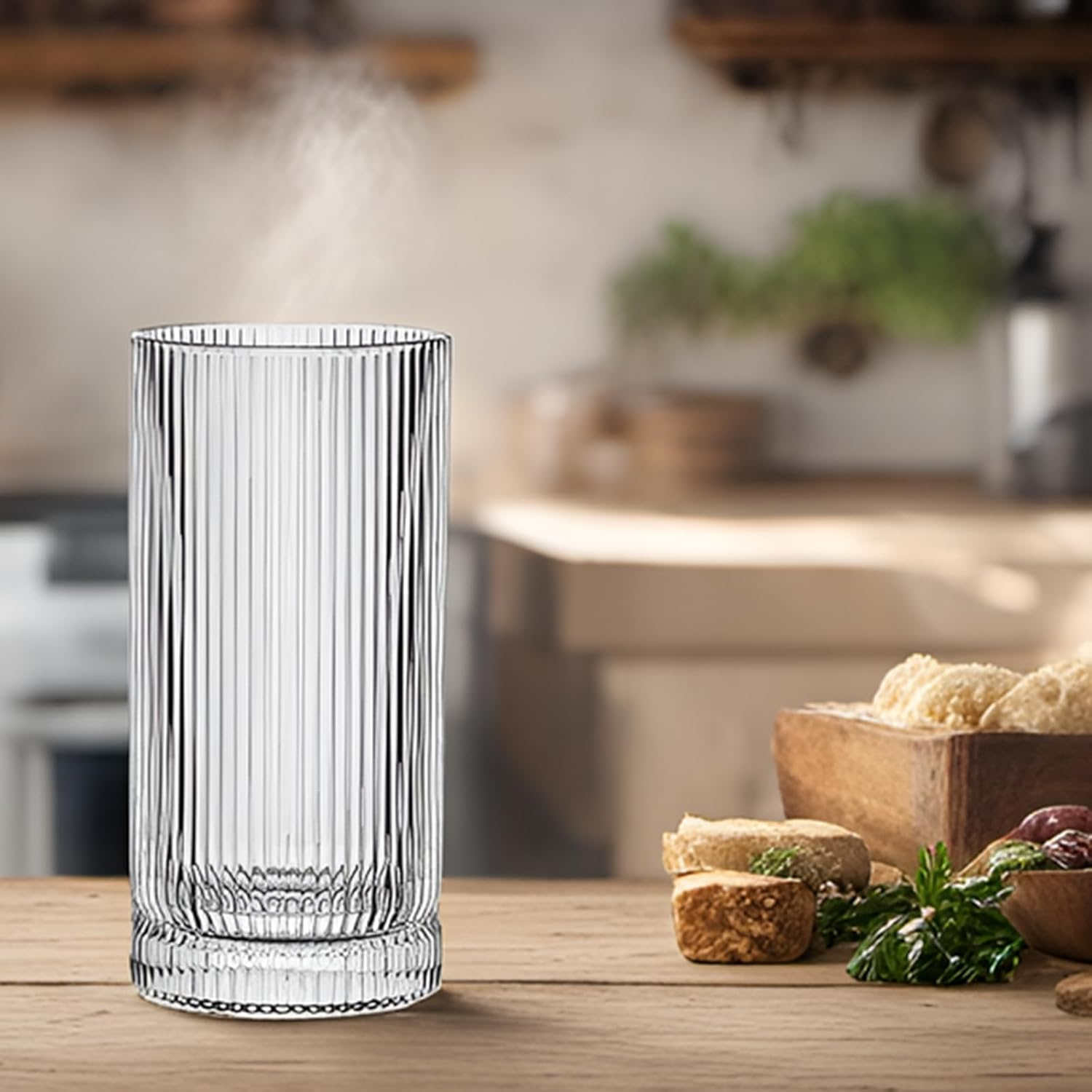 Juego de 4 vasos de 16 onzas, vasos de vidrio altos para café helado, cócteles, jiuces, cristalería acanalada, elegantes vasos de agua altos para el