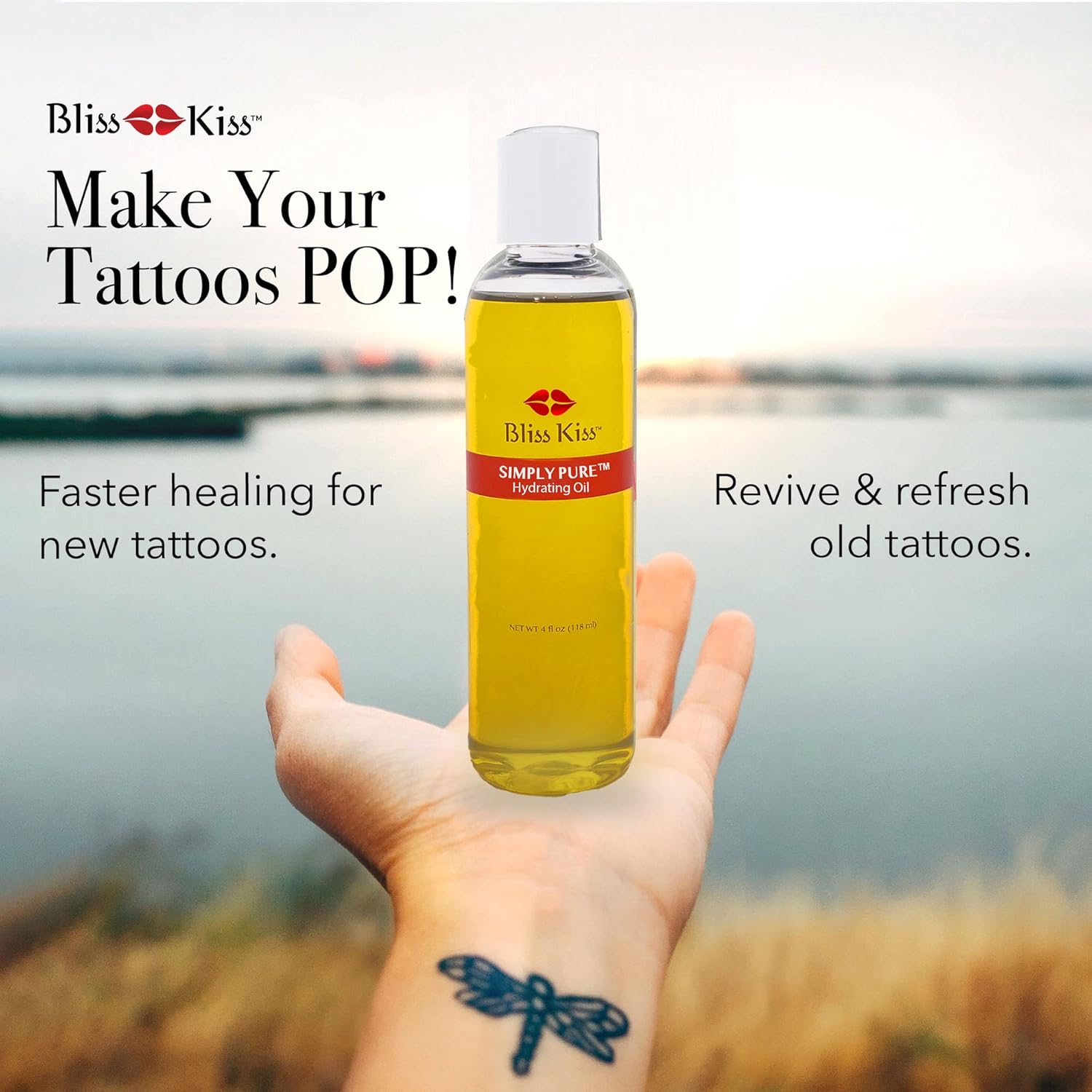 Bliss Kiss Sin fragancias  Aceite hidratante Simply Pure – Botella de 4 onzas con vitamina E y jojoba en uñas, cutículas, piel y cabello – Mejor