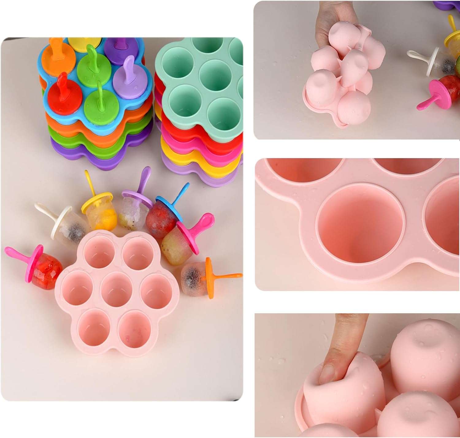 Moldes de silicona para paletas, mini molde de 7 cavidades para hacer paletas de hielo con palos coloridos y protectores de goteo, contenedor de