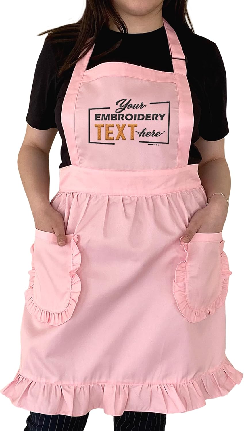 TEEAMORE Delantal bordado personalizado con volantes para cocina, horneado, parrilla, limpieza, disfraz de sirvienta, delantal de mujer con bolsillos