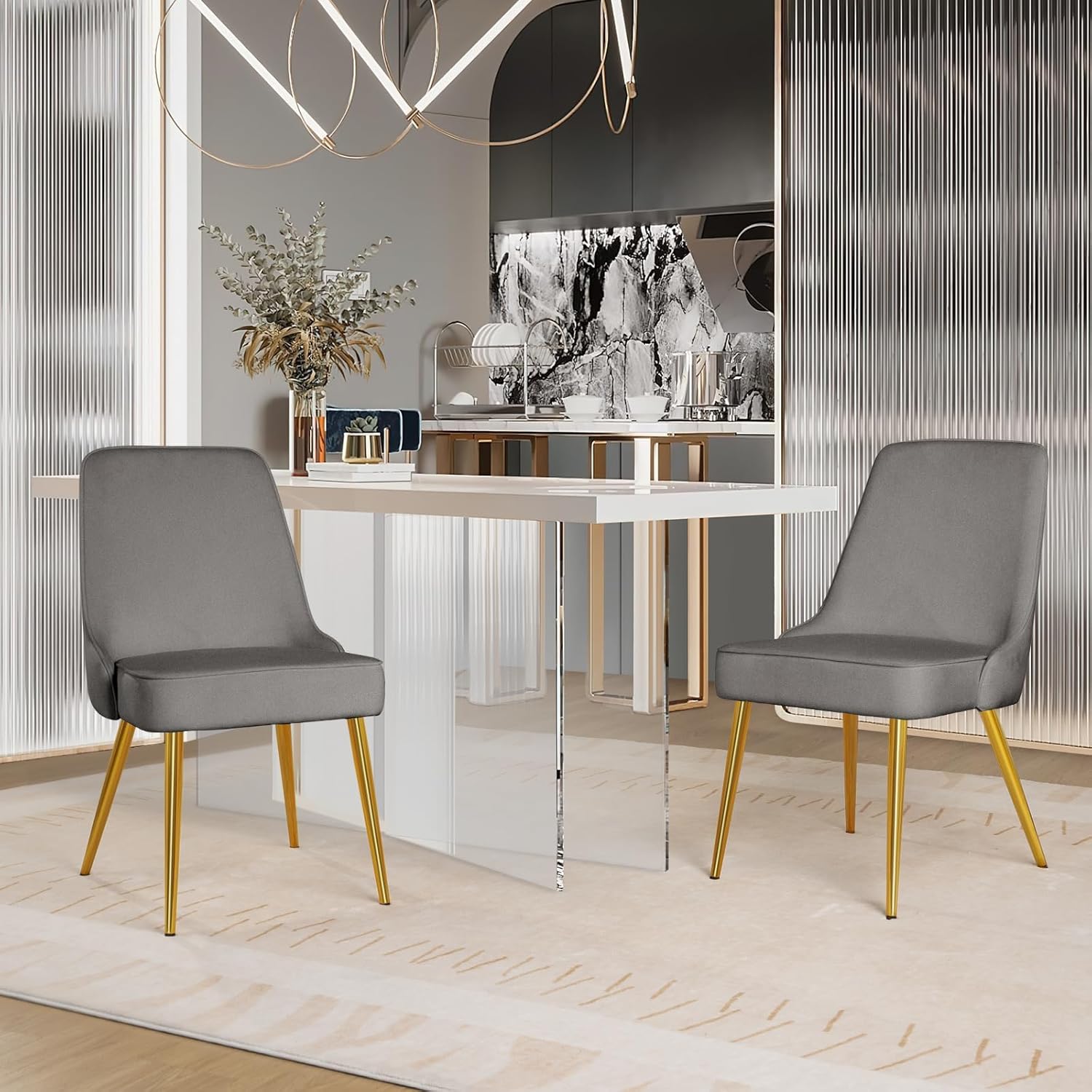 ecoluxehaven Modern Dining Chairs Set of 2,Mid-Century Upholstered Velvet Kitchen & Dining Room Chairs Living Room Chair with Metal Golden Legs,Grey