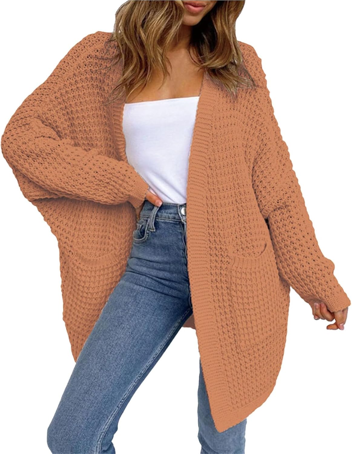 Cárdigan de punto grueso con frente abierto para mujer, suéter de manga larga, acanalado, ligero, elegante, casual, para exteriores