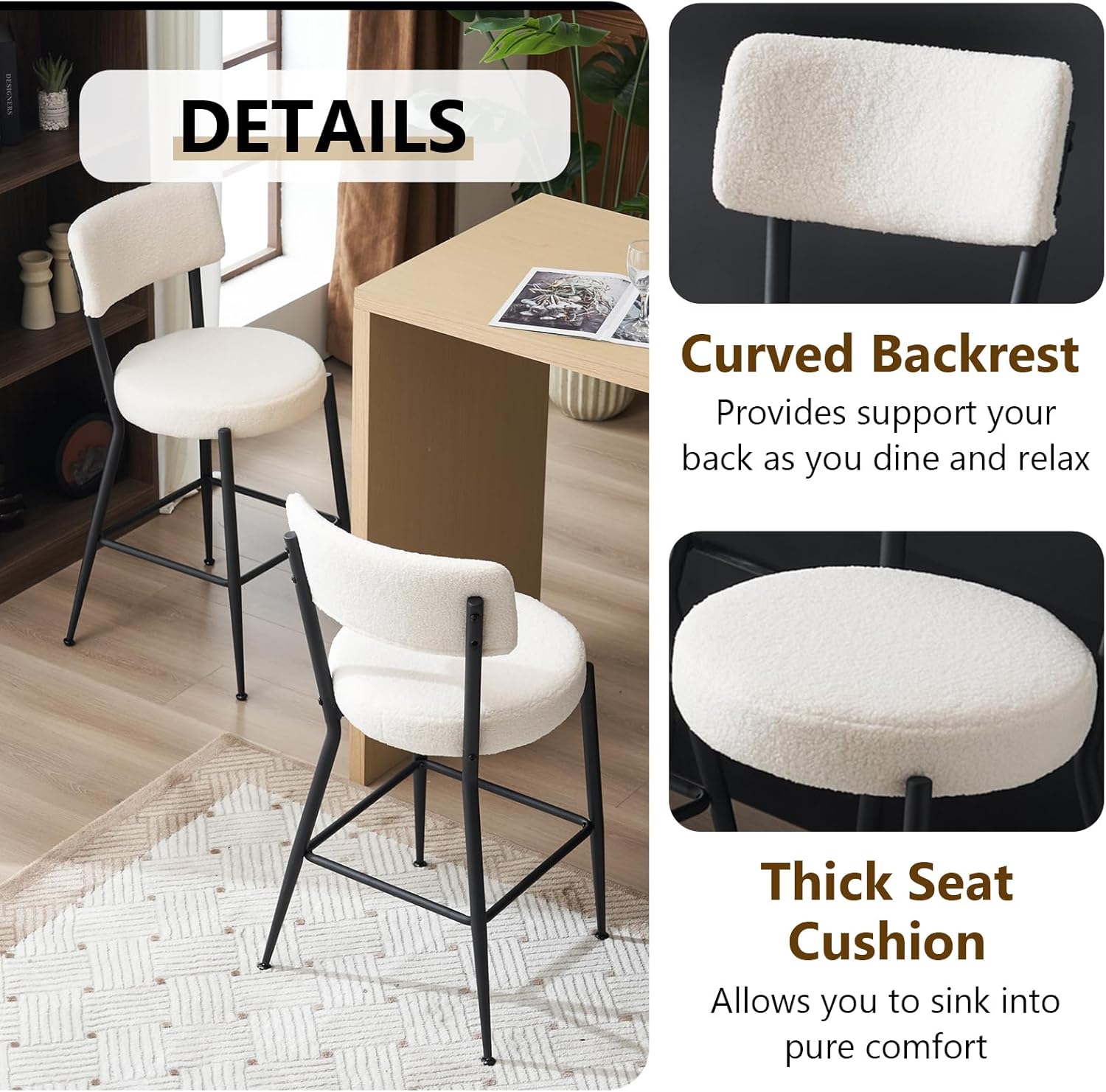 NIOIIKIT Juego de 2 taburetes de bar modernos, cómodos taburetes de comedor tapizados de tela de peluche con patas de metal, taburetes altos con