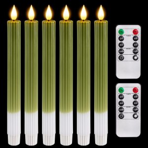 Homemory Velas cónicas sin llama a rayas verdes con temporizador remoto, paquete de 6 velas LED de cera real de 9.6 pulgadas, funciona con pilas, Homemory Velas cónicas sin llama a rayas verdes con temporizador remoto, paquete de 6 velas LED de cera real de 9.6 pulgadas, funciona con pilas,
