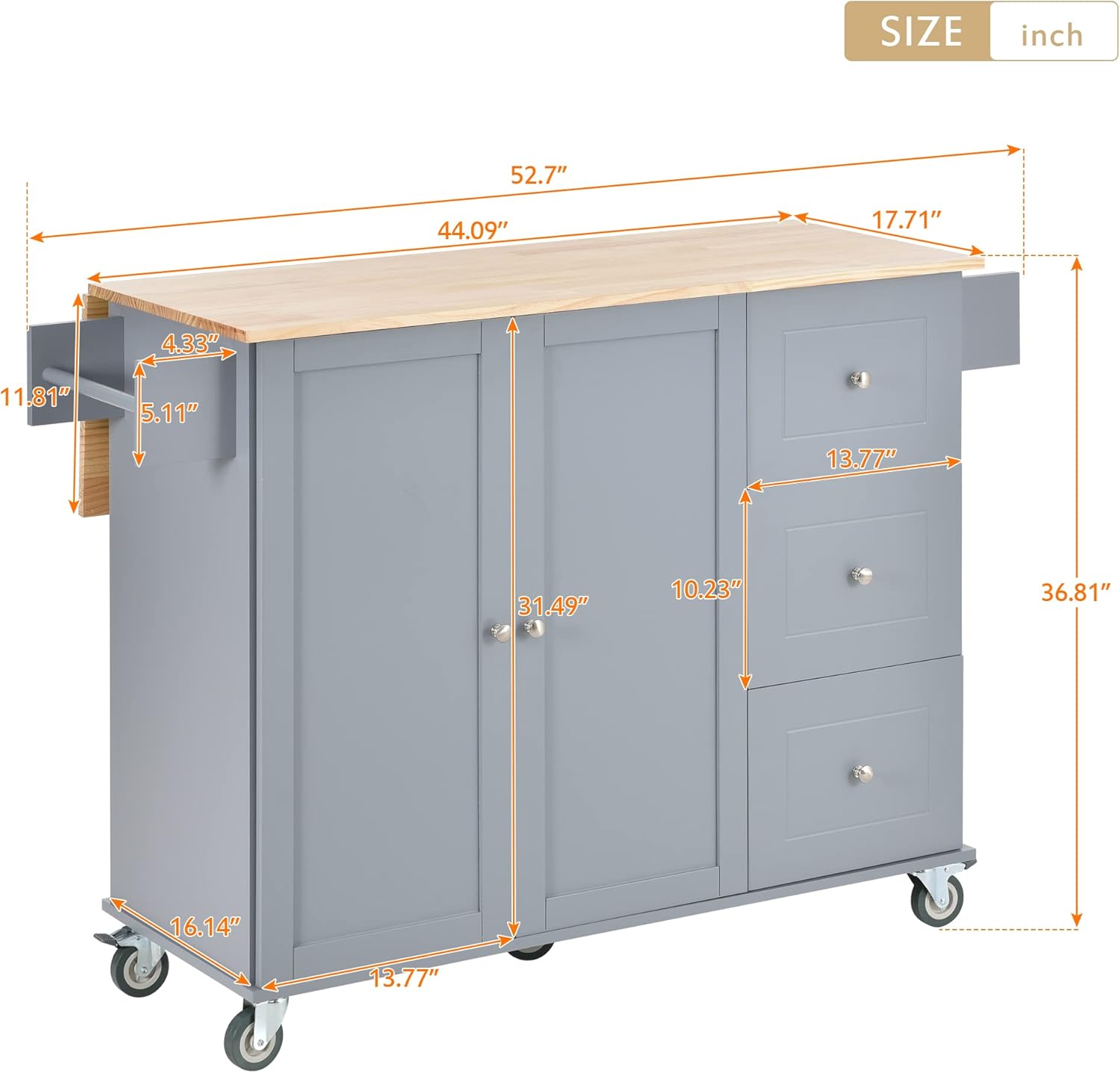 GLANZEND Carrito móvil de isla de cocina de 52.7 pulgadas con tapa de madera de hoja caída, estantes ajustables para barra de café con ruedas y