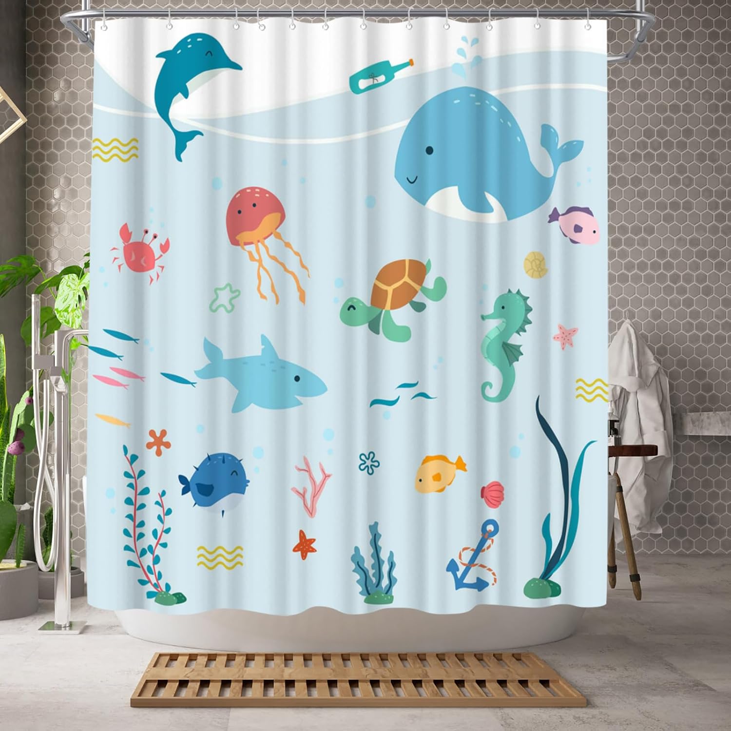 WELMECO Cortina de ducha con diseño de peces, cortina de ducha para niños, decoración de baño de 72 x 72 pulgadas, tela de poliéster (azul claro)