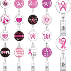 18 piezas de cinta rosa retráctil con clip para concientización sobre el cáncer de mama, soporte para tarjetas de identificación de enfermera, lindo 18 piezas de cinta rosa retráctil con clip para concientización sobre el cáncer de mama, soporte para tarjetas de identificación de enfermera, lindo