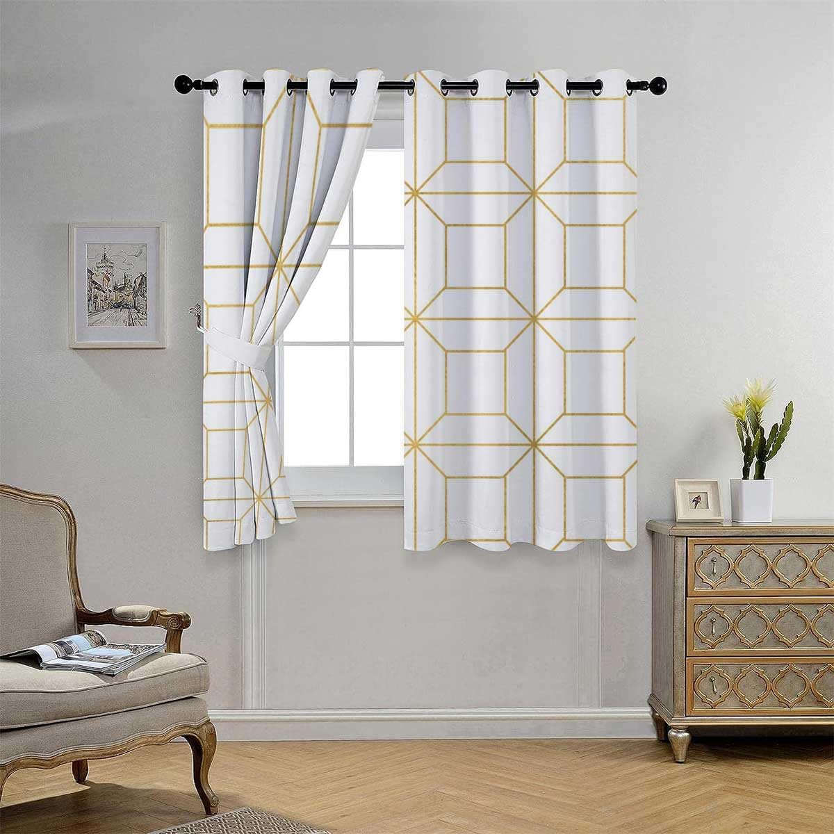 Cortinas De Cocina Modernas – Cubierta térmica para puerta con textura dorada, geometría a cuadros, oscurecimiento de habitación, 63 pulgadas de