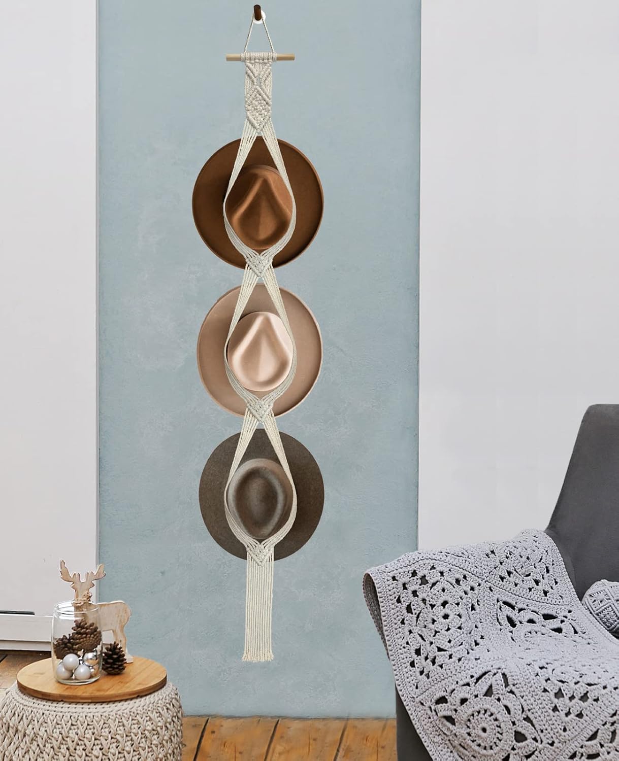 Organizador de sombreros de macramé para pared, colgadores bohemios para colgar en la pared, tejido a mano, organizador decorativo para sombreros de