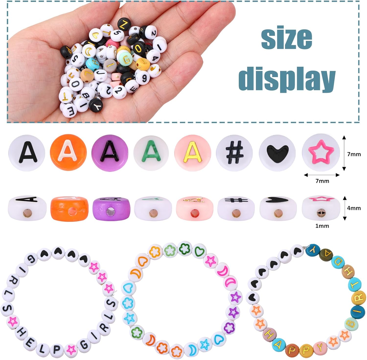 QUEFE 2000 cuentas de letras para pulseras, cuentas redondas de números del alfabeto de 9 colores con 1 rollo de cuerda elástica para hacer joyas,