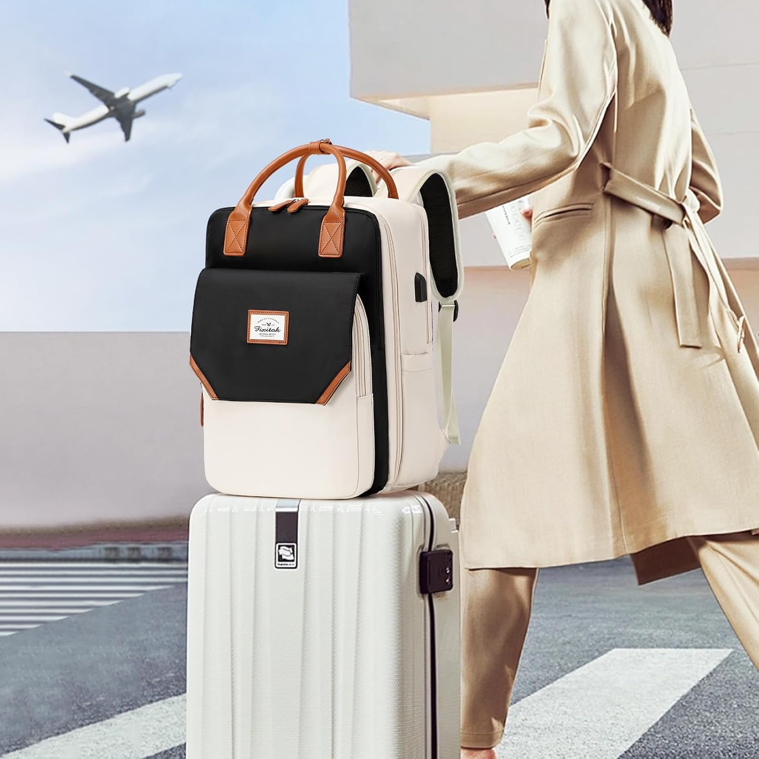 Mochila de viaje grande para mujer, 40L, mochila de equipaje personal, mochila casual, negro, beige (Black-Beige), Mochilas de viaje