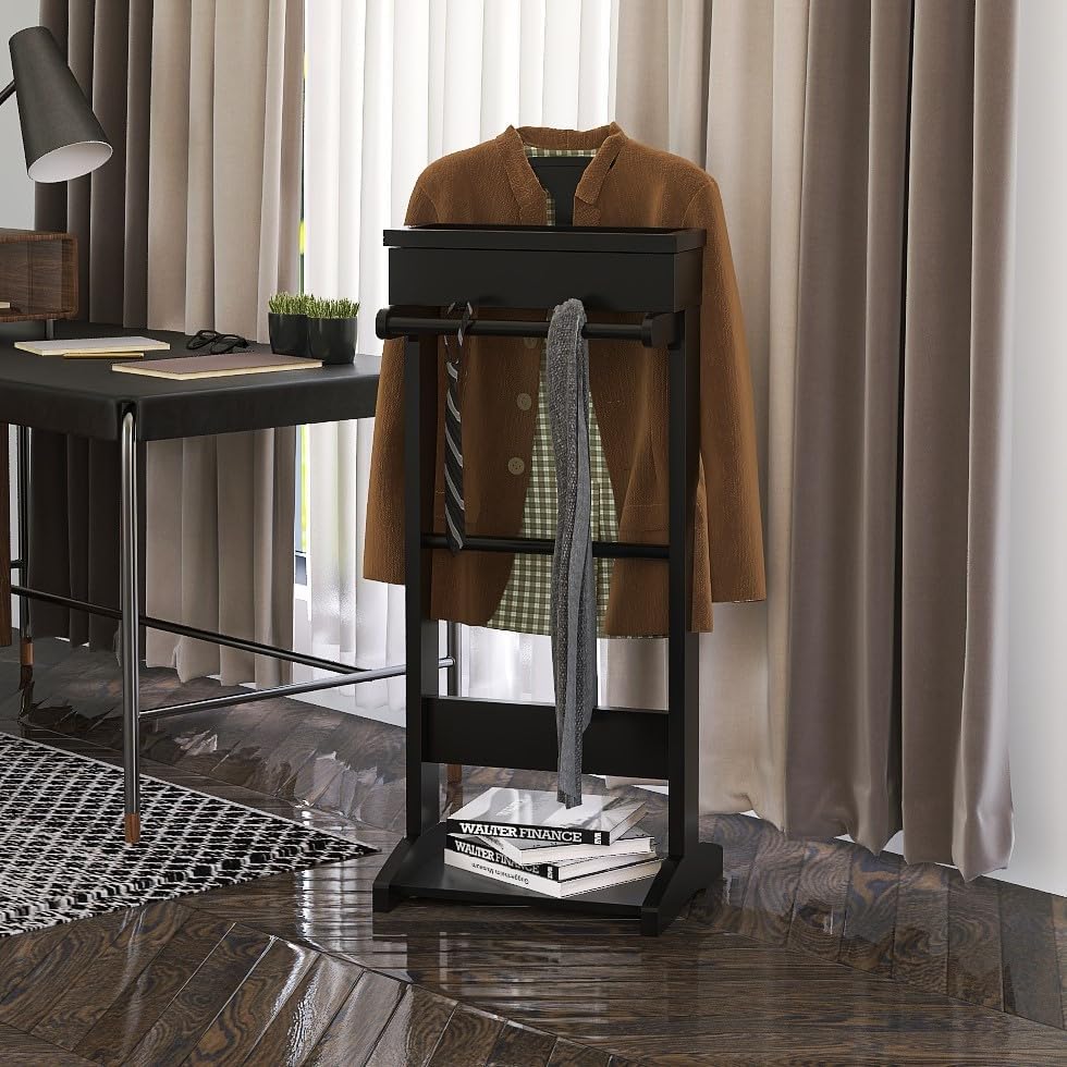 Soporte de valet para hombre, soporte de valet de ropa negra con bandeja superior, cajón, colgador de corbata y cinturón y zapatero, uso en entrada,