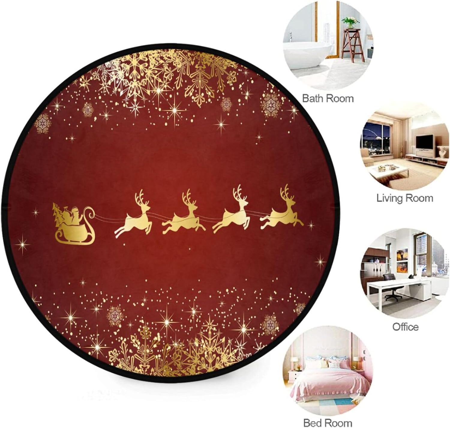 Alfombra redonda de reno de Navidad dorada de 3 pies para dormitorio, lavable, con hermosos copos de nieve, alfombra circular antideslizante con
