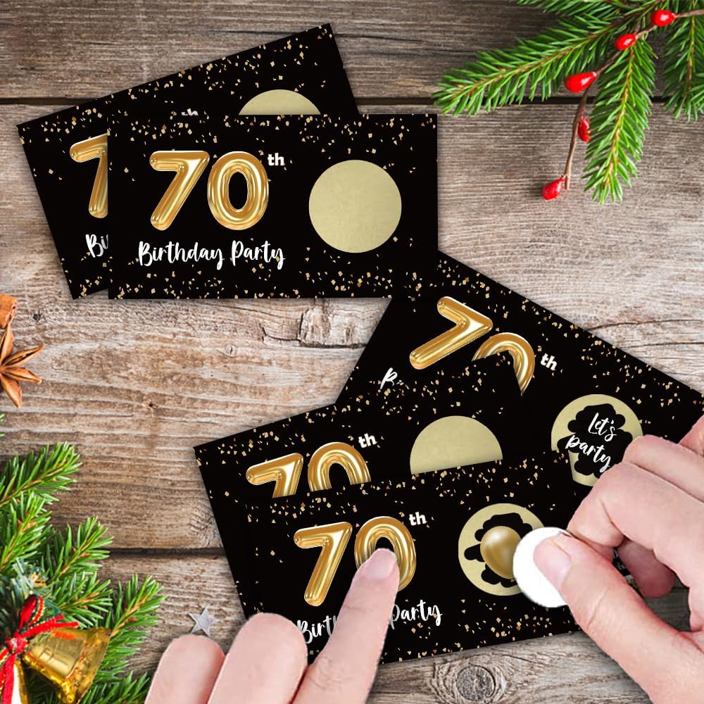 REWIDPARTY Tarjetas de juego para raspar para fiesta de 70 cumpleaños para adultos (32 piezas) en negro y dorado para 70 cumpleaños, suministros