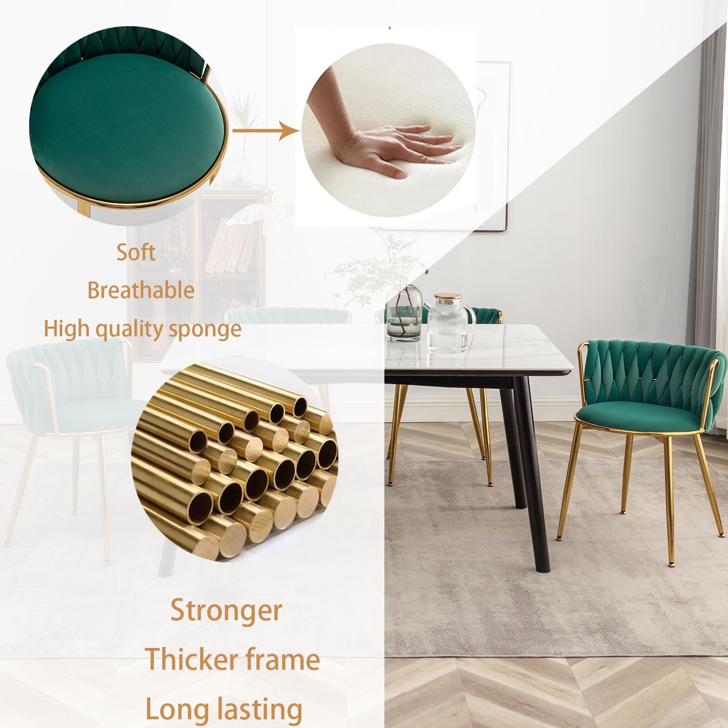 Riknuxi Juego de 4 sillas de comedor de terciopelo, modernas sillas de comedor tejidas con patas de metal, sillas de comedor tapizadas doradas para