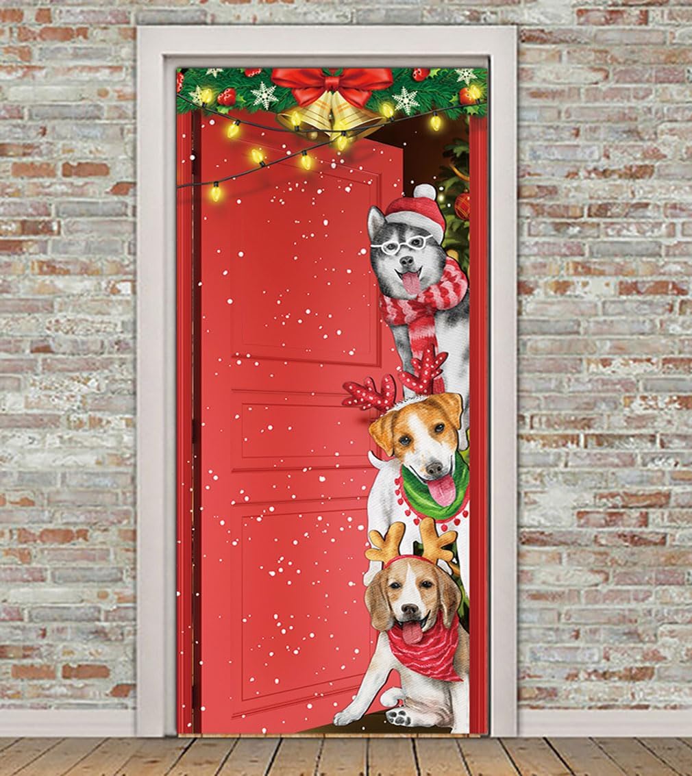 Divertida cubierta de puerta de perros de Navidad, pancarta grande de Feliz Navidad, decoración de carteles de Navidad para el hogar, tienda,