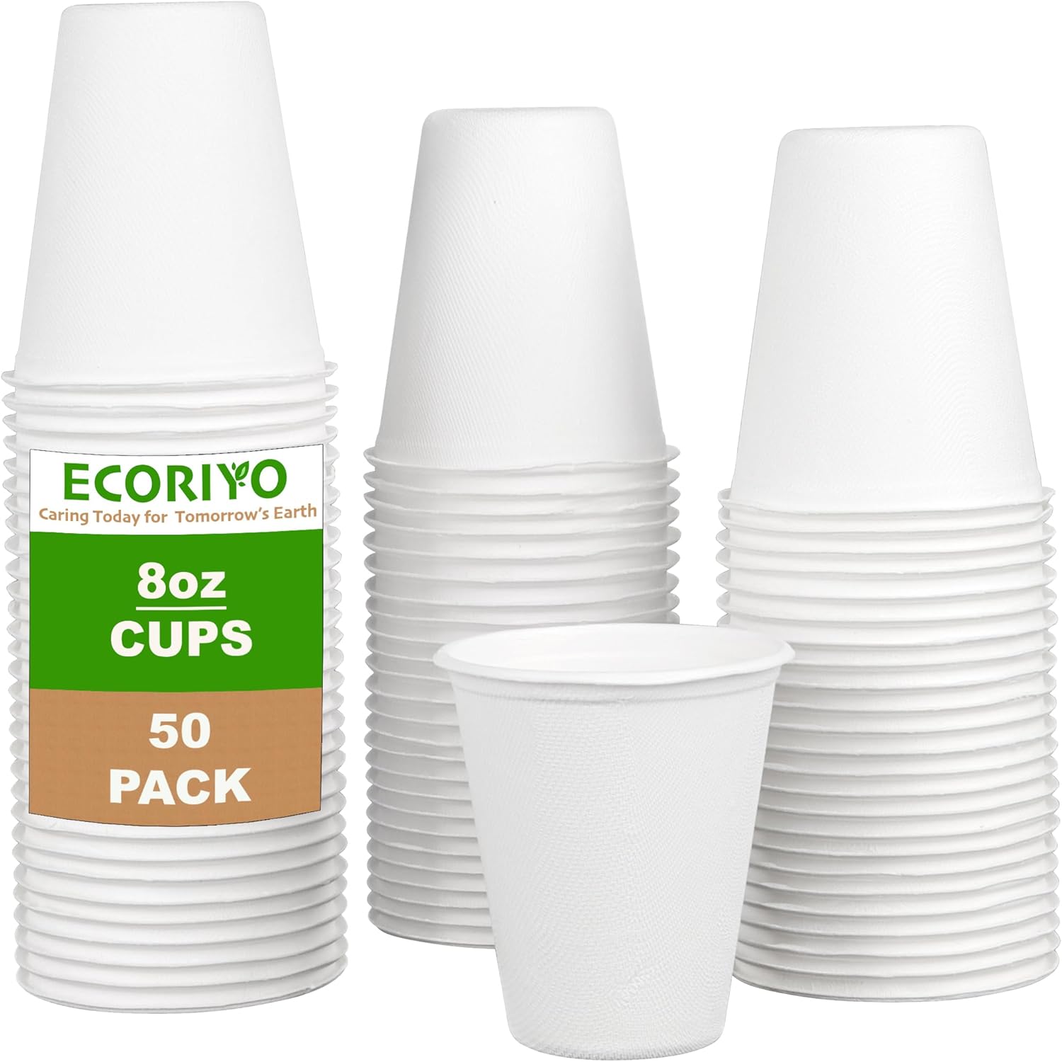 ECORIYO Tazas de café desechables de papel de 8 onzas, paquete de 50 tazas biodegradables y ecológicas, vasos de papel desechables de caña de