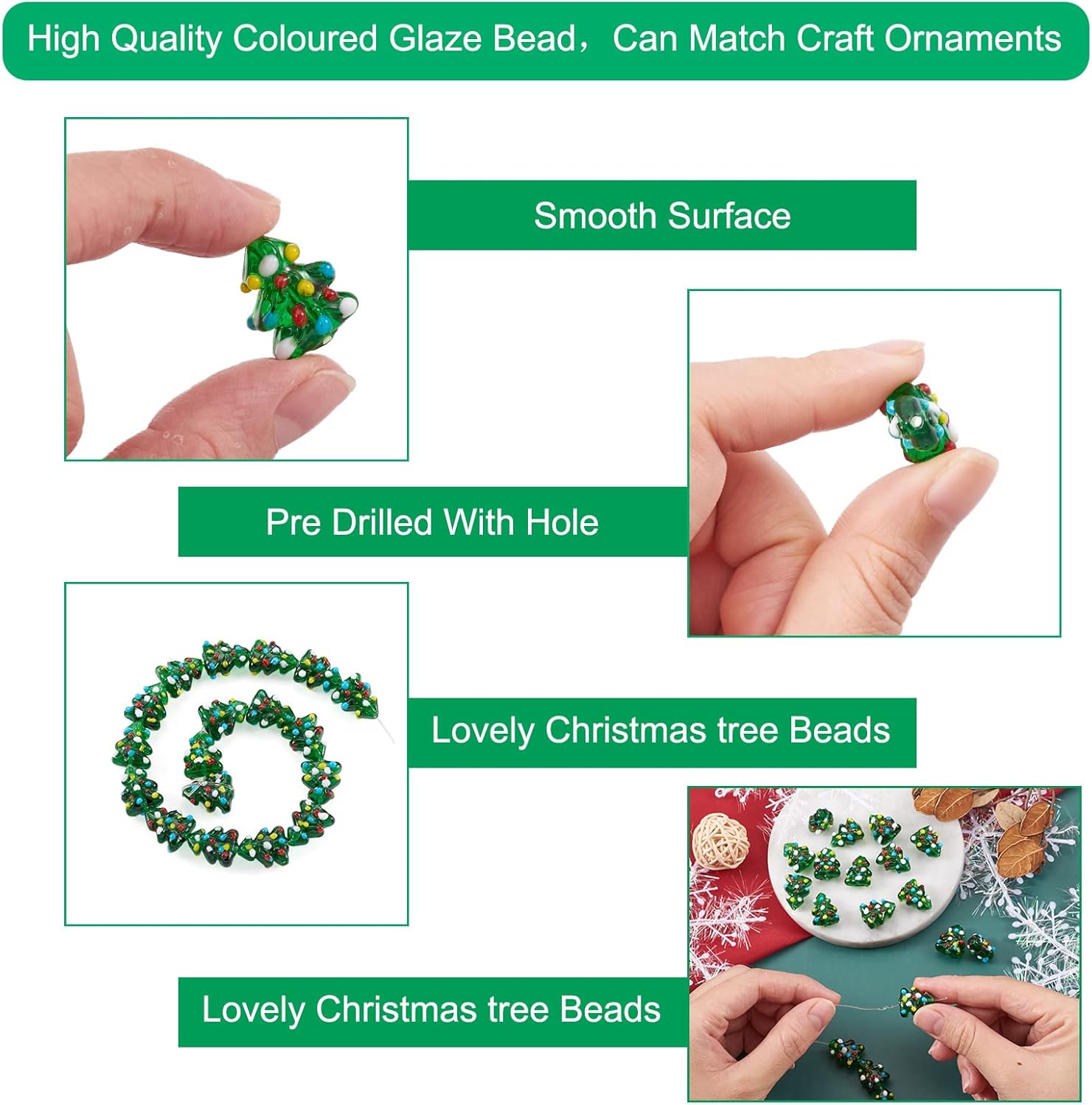 Craftdady 20 cuentas verdes para árbol de Navidad, adornos de árbol de Navidad, cuentas de vidrio de lámpara, decoraciones de Navidad, abalorios