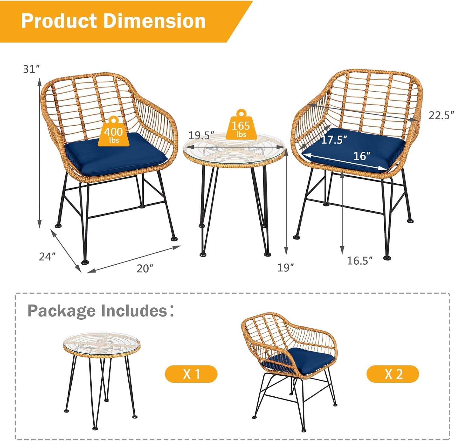 Tangkula Juego de 3 piezas de patio bistró, juego de conversación de ratán con 2 sillones acolchados y mesa de centro redonda de cristal, juego de
