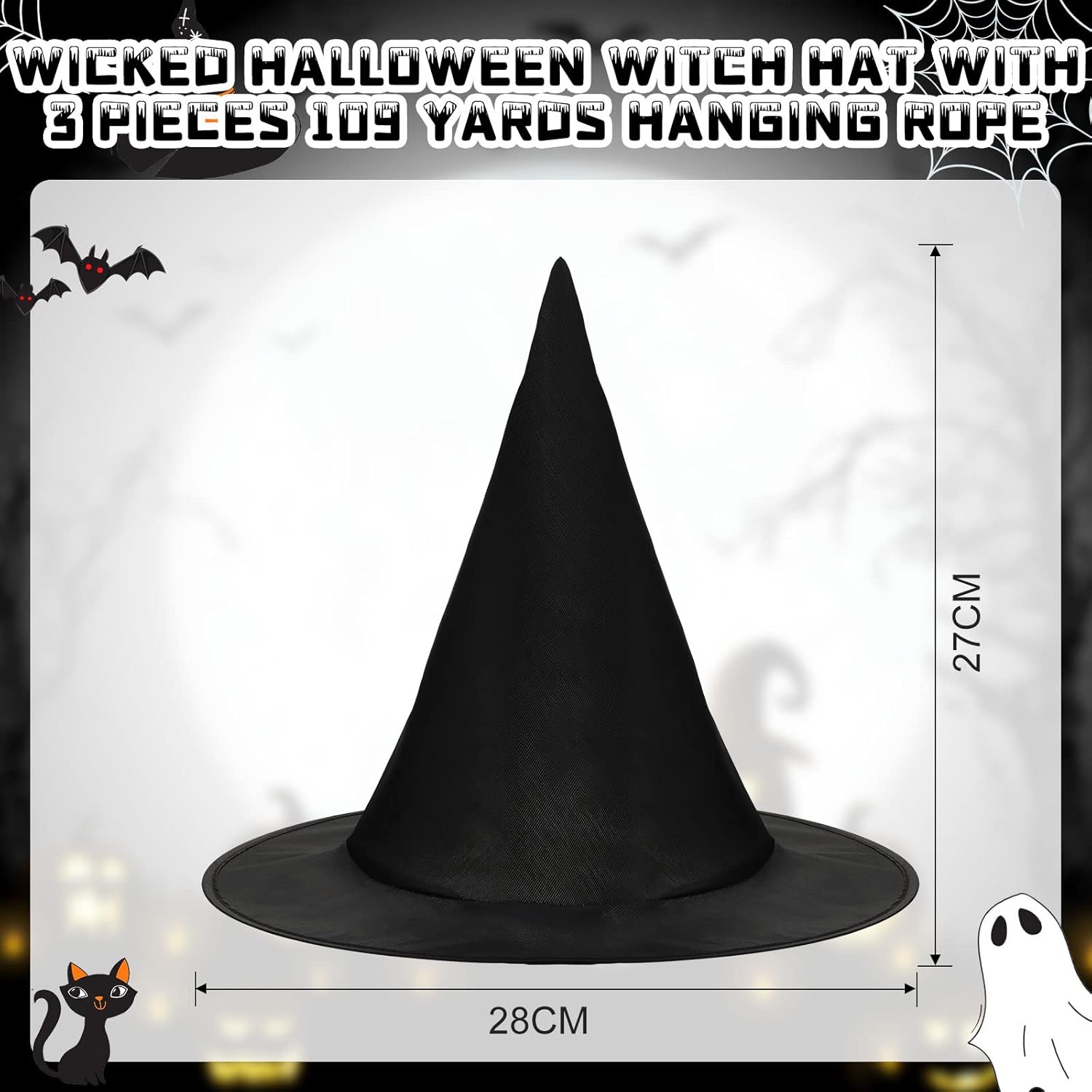 Zubebe 30 sombreros de bruja para decoración de Halloween, sombrero de bruja colgante con 3 piezas de cuerda colgante de 109 yardas para niños y