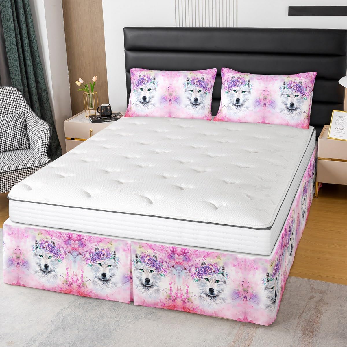 Falda de cama plisada con volantes y polvo de lobo, teñido anudado, estampado de lobo rosa, falda de cama tamaño Queen para niños y niñas,