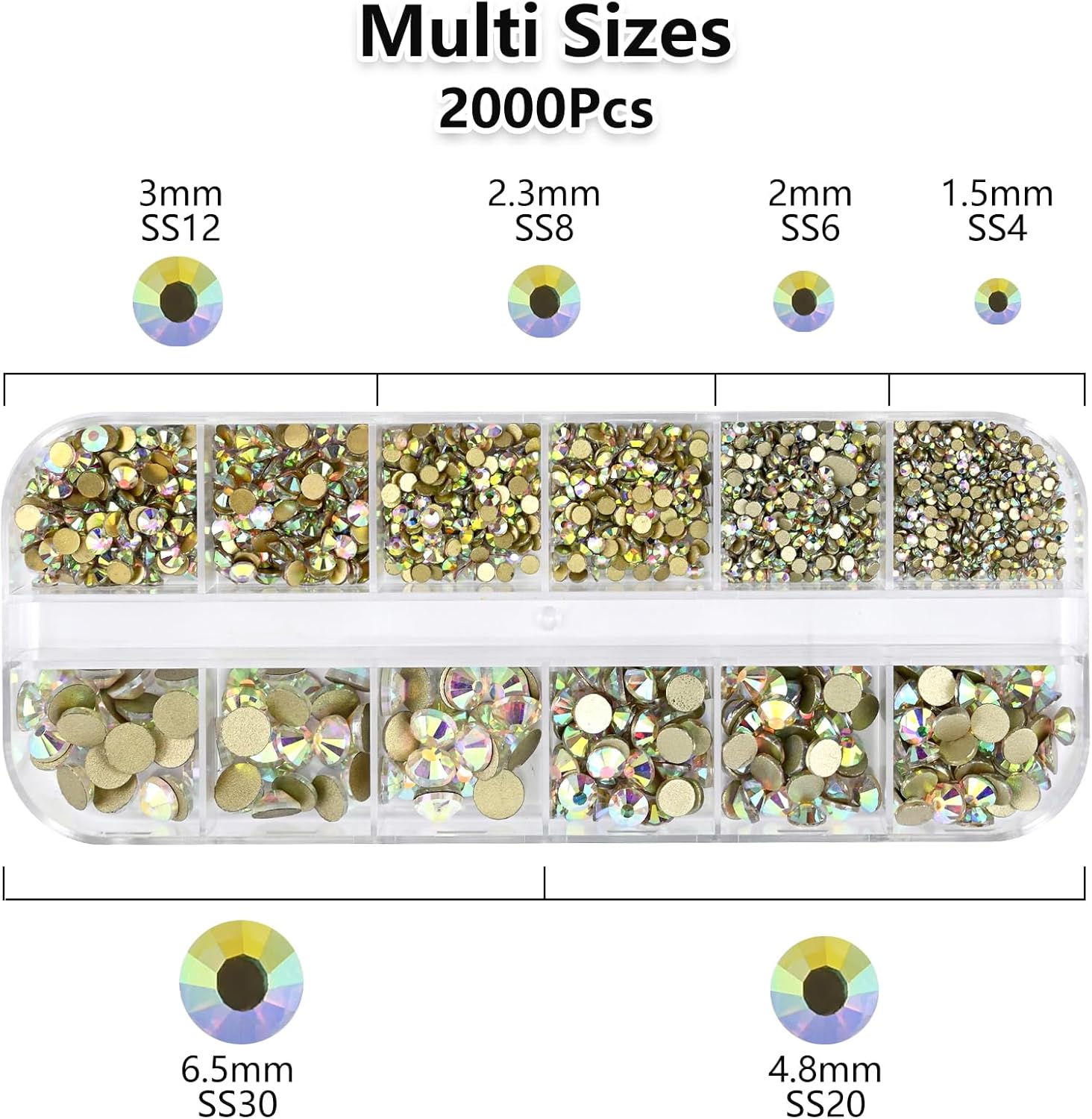 2120 diamantes de imitación Ab para uñas con parte trasera plana, redondos, multiformas, diamantes de imitación para uñas acrílicas, vidrio, con