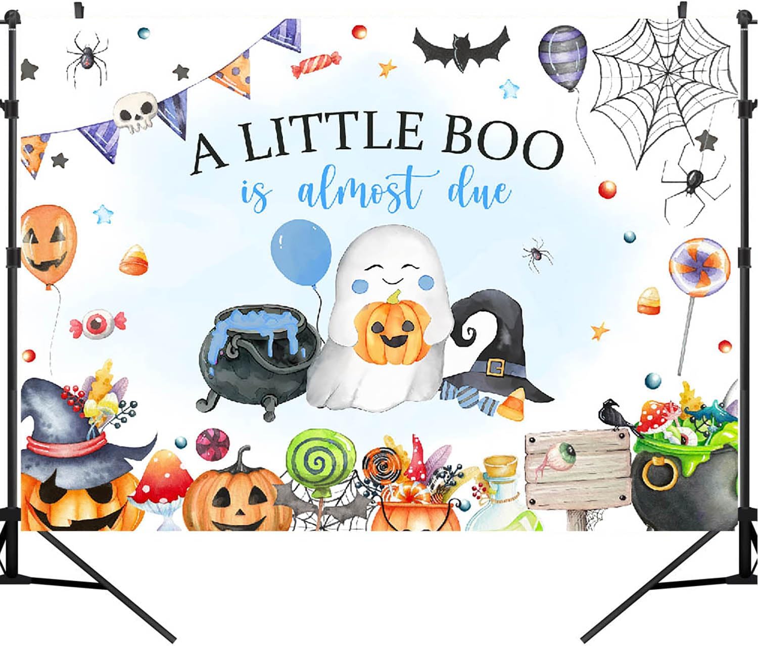 Blue A Little Boo – Telón de fondo para baby shower para niños, Halloween, calabaza, baby shower, fantasma, Halloween, baby shower, decoraciones de