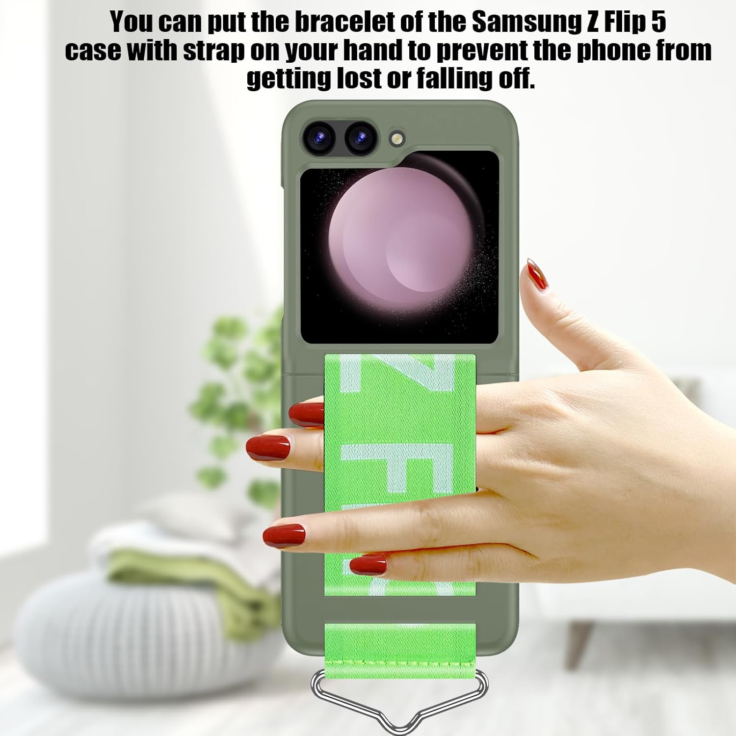 Funda para Galaxy Z Flip 5 con correa, protección de bisagra de nailon, carcasa rígida de PC Z Flip 5 con correa de mano ajustable para mujeres y