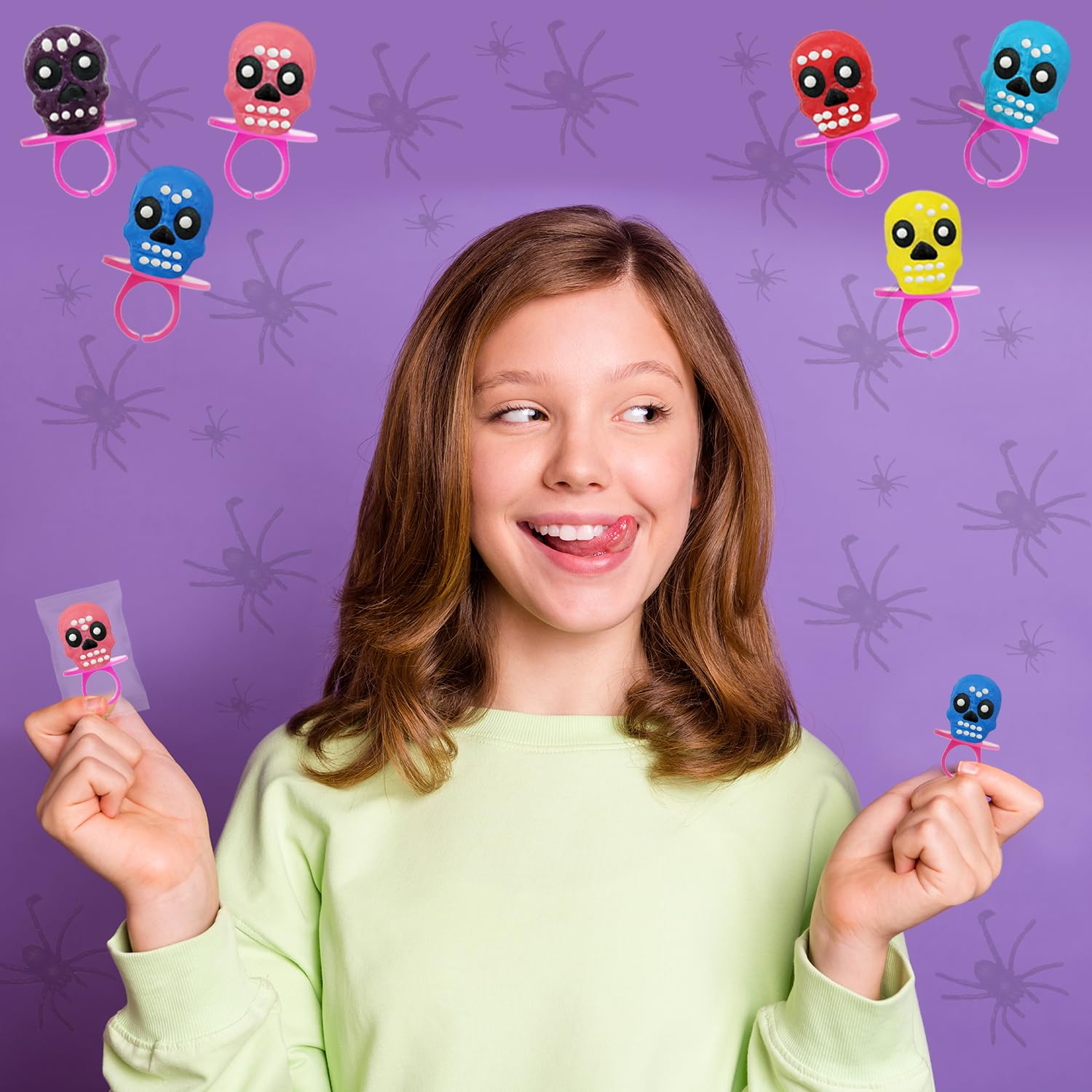 Anillos de caramelo de calavera de Halloween, Día de los Muertos, caramelo duro, envueltos individualmente (paquete de 12)
