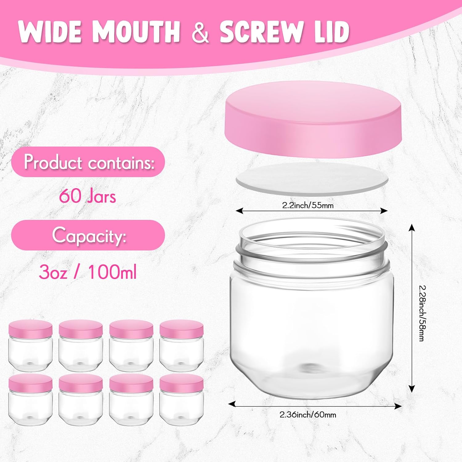 Tanlade 60 tarros de plástico transparente de 3 onzas con tapas de boca ancha, mini recipientes de almacenamiento a granel para hierbas, gelatina,
