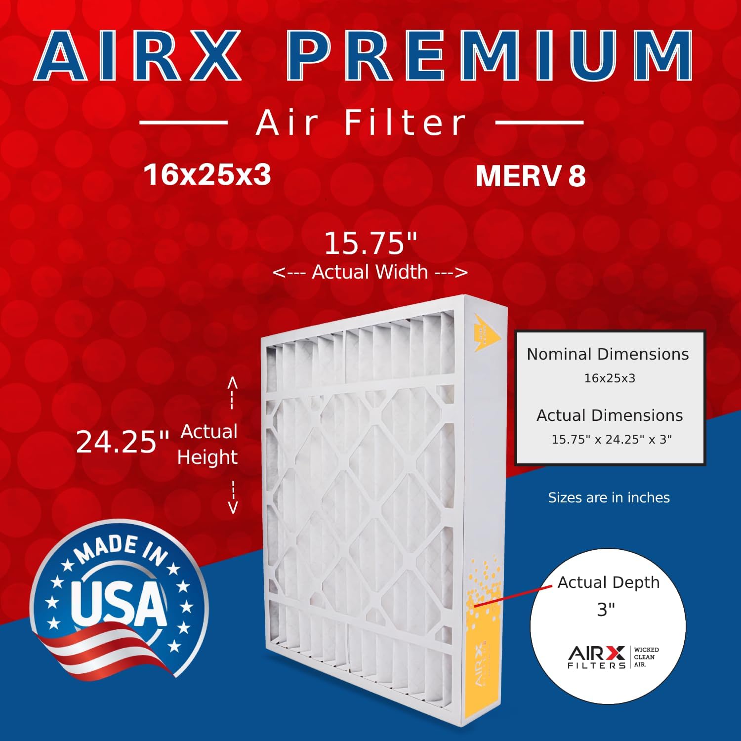 AIRX FILTERS WICKED CLEAN AIR. Filtro de aire MERV 8 de 16 x 25 x 3 compatible con filtro de horno GeneralAire 14164, paquete de 3
