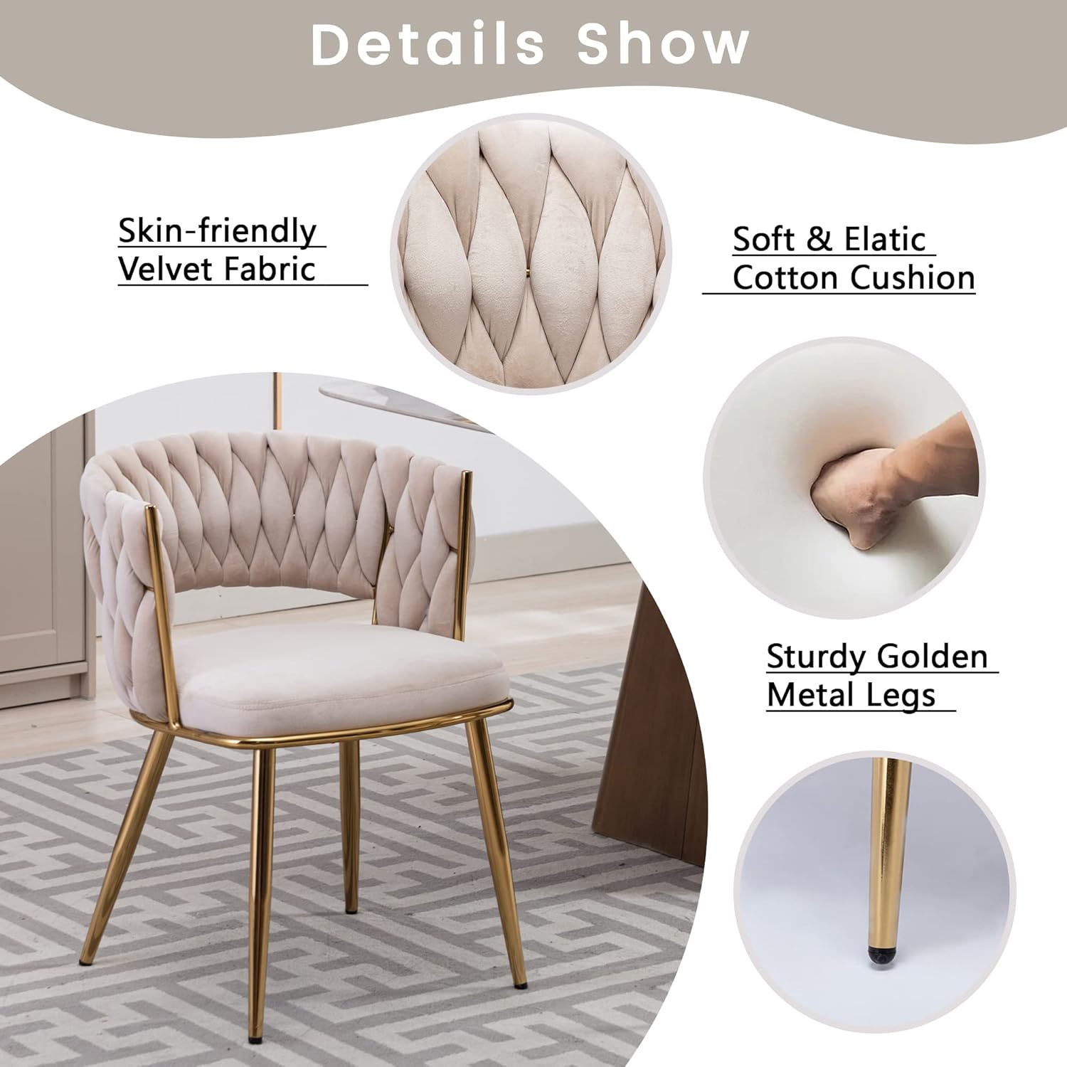 KCC Juego de 2 sillas de comedor modernas de terciopelo, sillas tapizadas para sala de estar con respaldo tejido y patas de metal dorado, silla