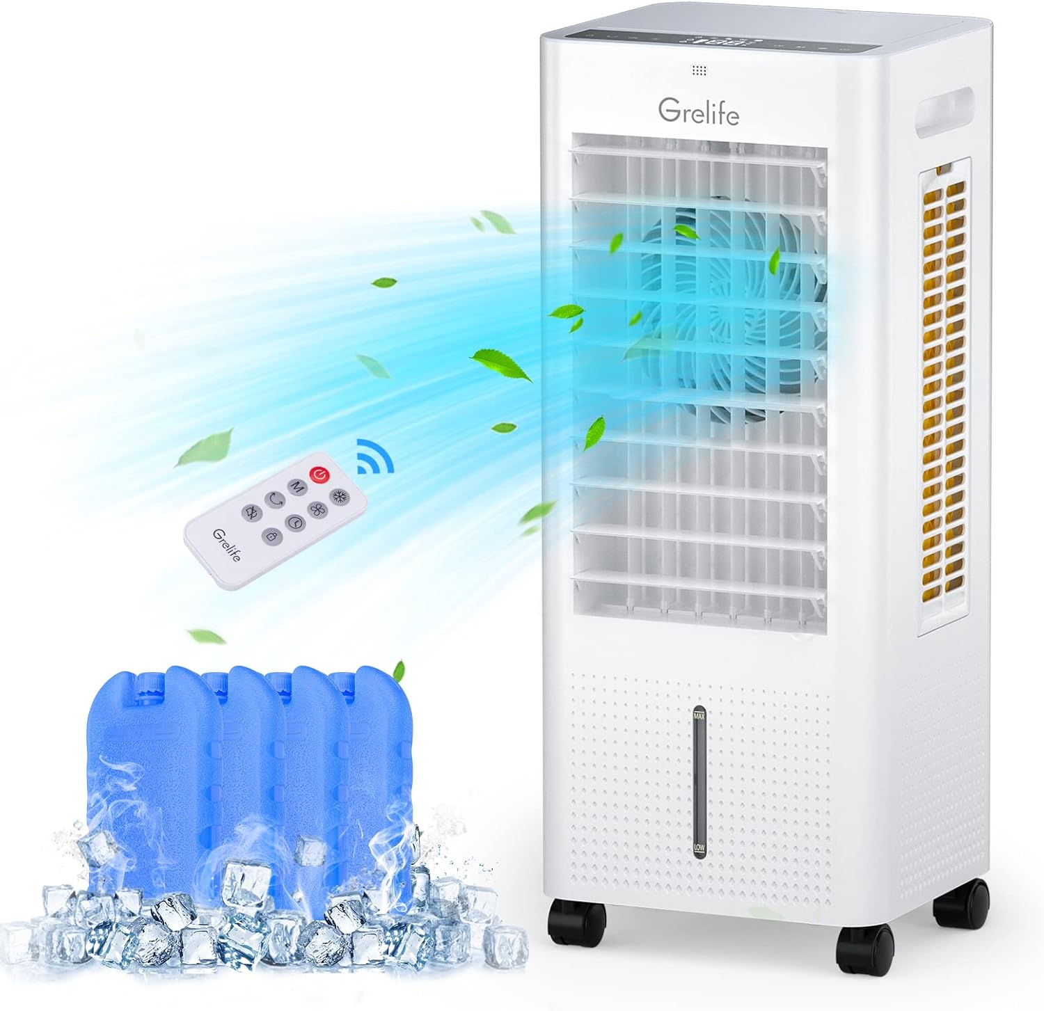Grelife Enfriador de aire evaporativo portátil, ventilador de enfriamiento de aire 3 en 1 con control remoto, temporizador de 12 horas, 4 paquetes