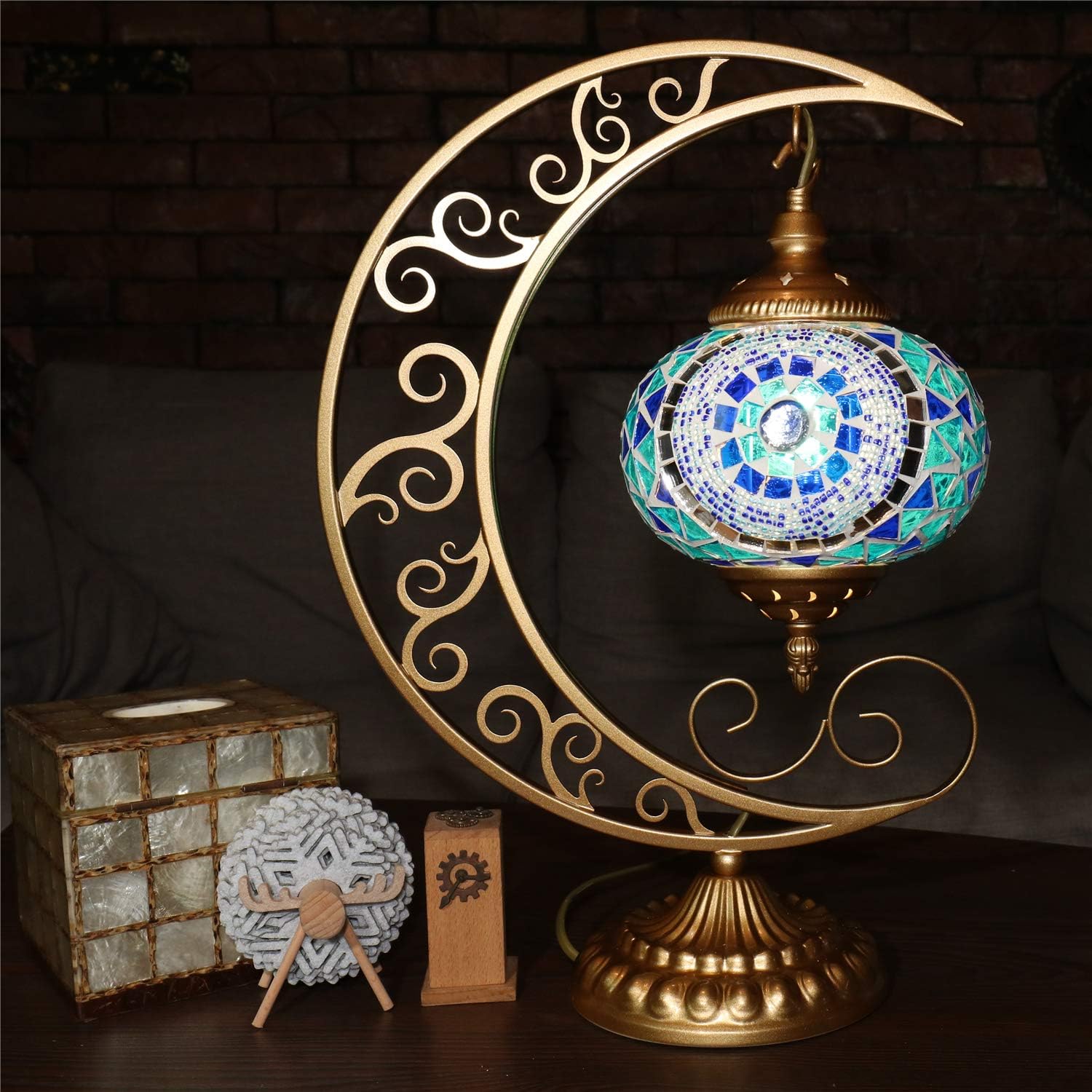 Impresionante lámpara de noche de mosaico turco marroquí hecho a mano con forma de luna, lámpara de mesa única para decoración de habitación (azul)