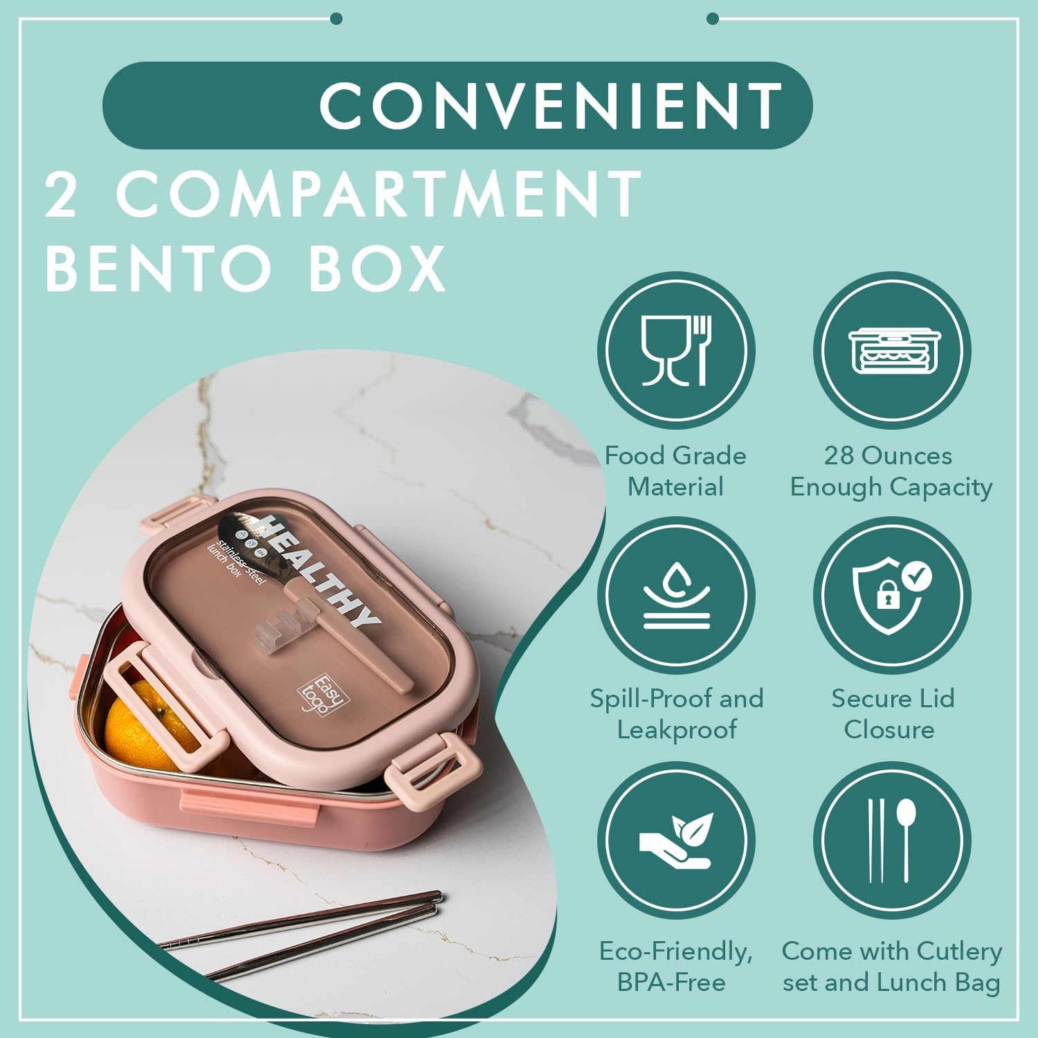 Lonchera Bento de 2 compartimentos con bolsa de almuerzo y juego de cubiertos, 28 onzas a prueba de fugas, reutilizable, contenedor de control de