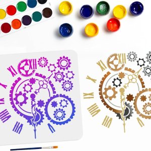 Plantilla de engranaje de reloj de 11.8 x 11.8 pulgadas con pincel de pintura, plantilla PET reutilizable para pintar en madera, lienzo, papel, Plantilla de engranaje de reloj de 11.8 x 11.8 pulgadas con pincel de pintura, plantilla PET reutilizable para pintar en madera, lienzo, papel,