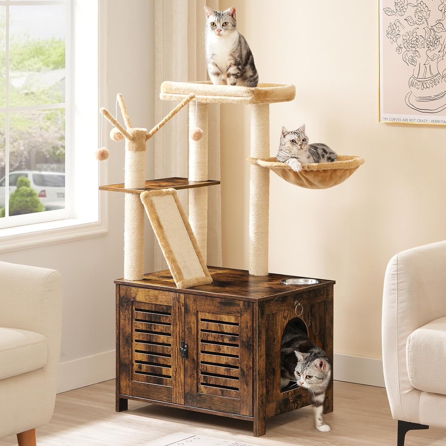 Árbol para gatos con caja de arena, torre de madera para gatos de 44 pulgadas de alto con postes rascadores, hamaca para gatos, muebles de caja de