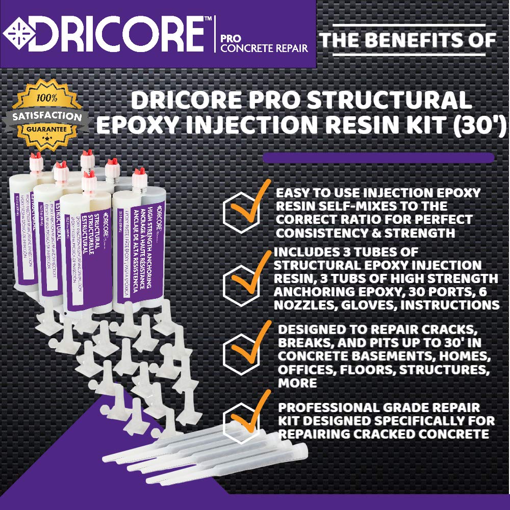 DRICORE PRO Kit de resina de inyección epoxi estructural de reparación de hormigón (30 pies)  El mejor juego todo en uno con relleno inyectable para
