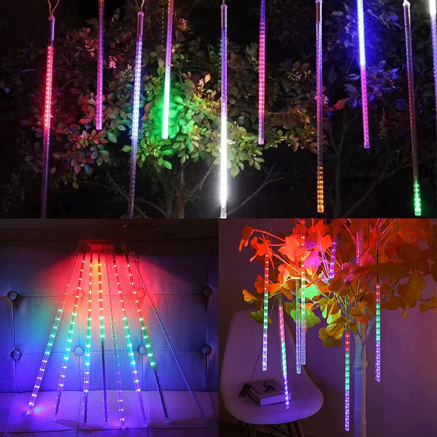 WAKAKA Paquete de 2 luces solares de lluvia de meteoritos para exteriores, luces solares multicolor para exteriores, 11.8 pulgadas, 16 tubos, 288