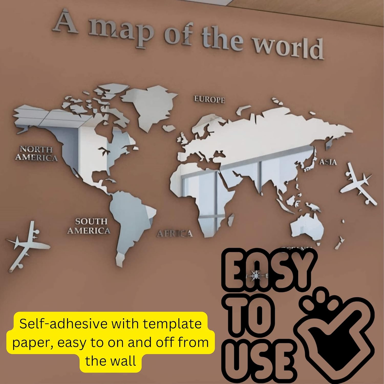 Calcomanías de pared 3D de acrílico con mapa del mundo impermeable para aula, oficina, habitación de los niños, pasillo, biblioteca, etc. (S,